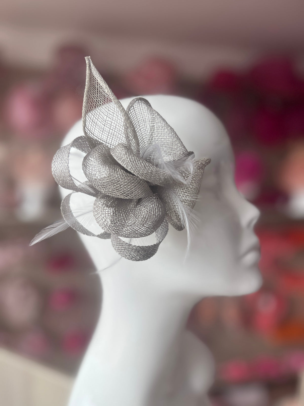 Silver Fascinator Clip with Sinamay &amp; Feather Flower-Fascinators Direct