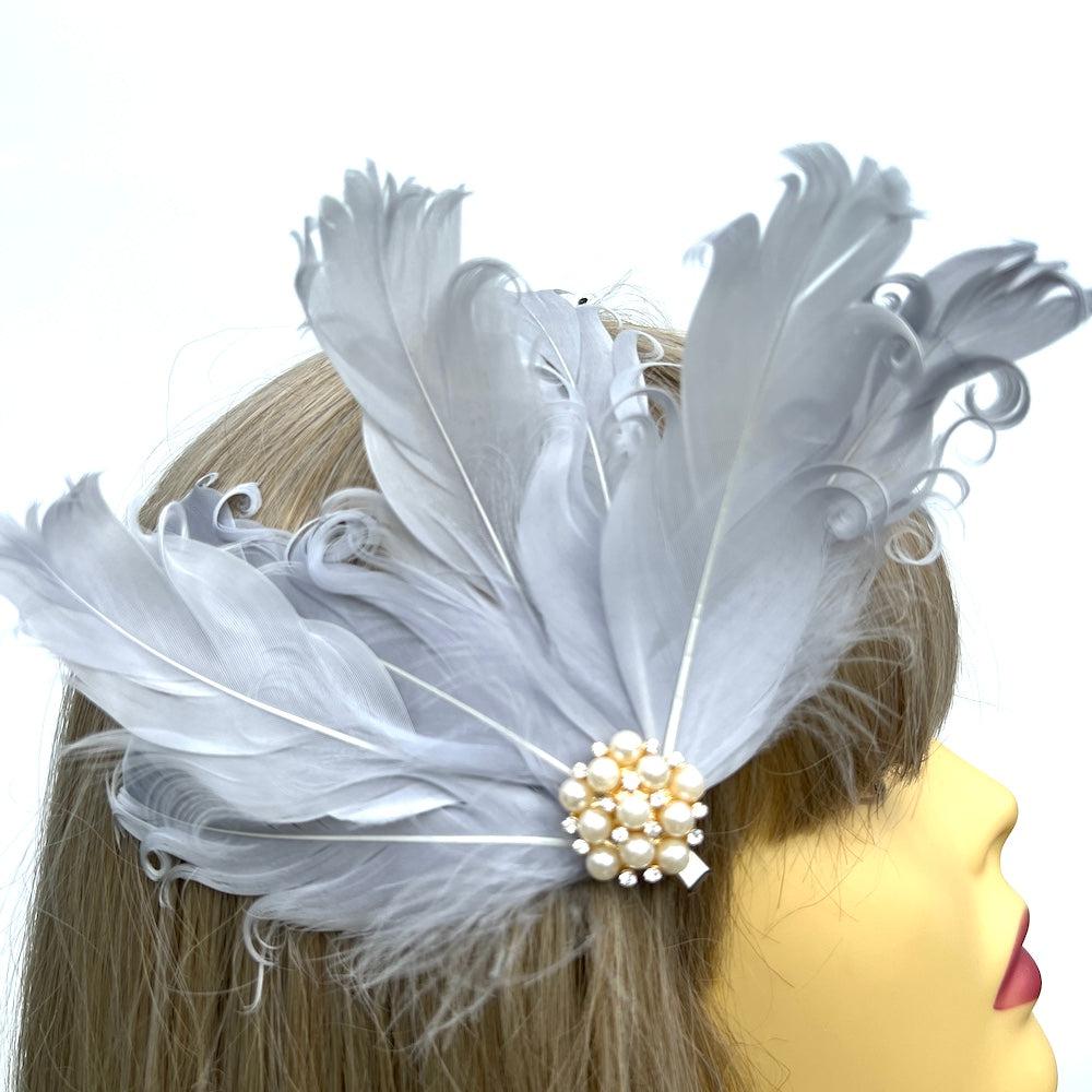 Silver Fascinator Clip with Vintage Feathers Pearls