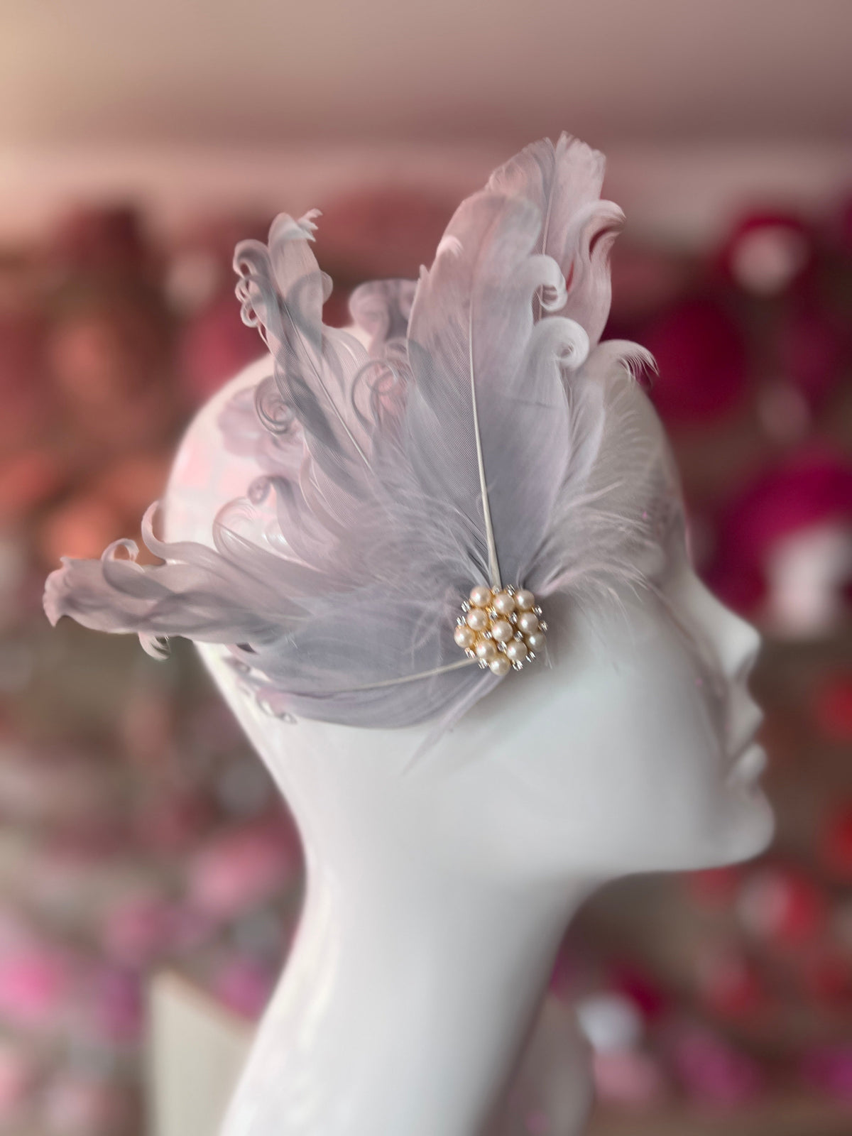 Silver Fascinator Clip with Vintage Feathers &amp; Pearls-Fascinators Direct