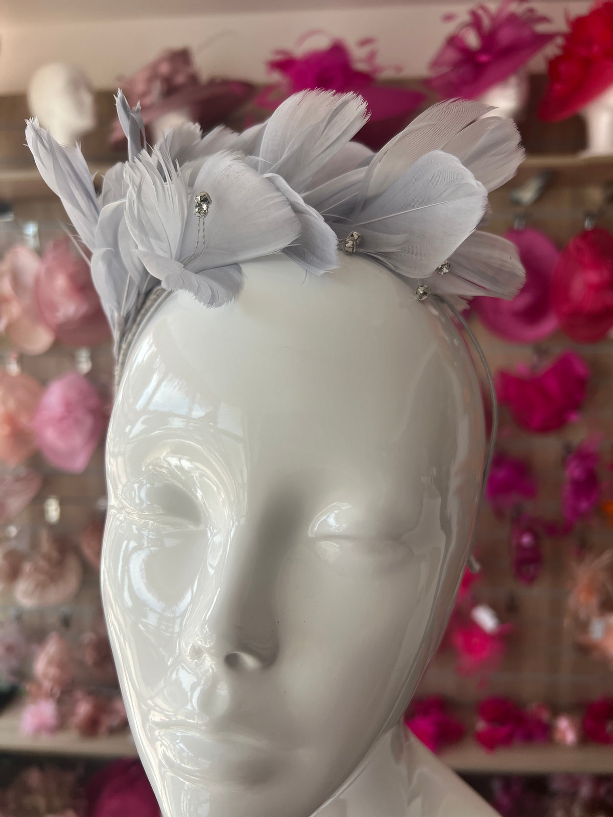Silver Fascinator Headband with Feather Petals &amp; Diamanté-Fascinators Direct