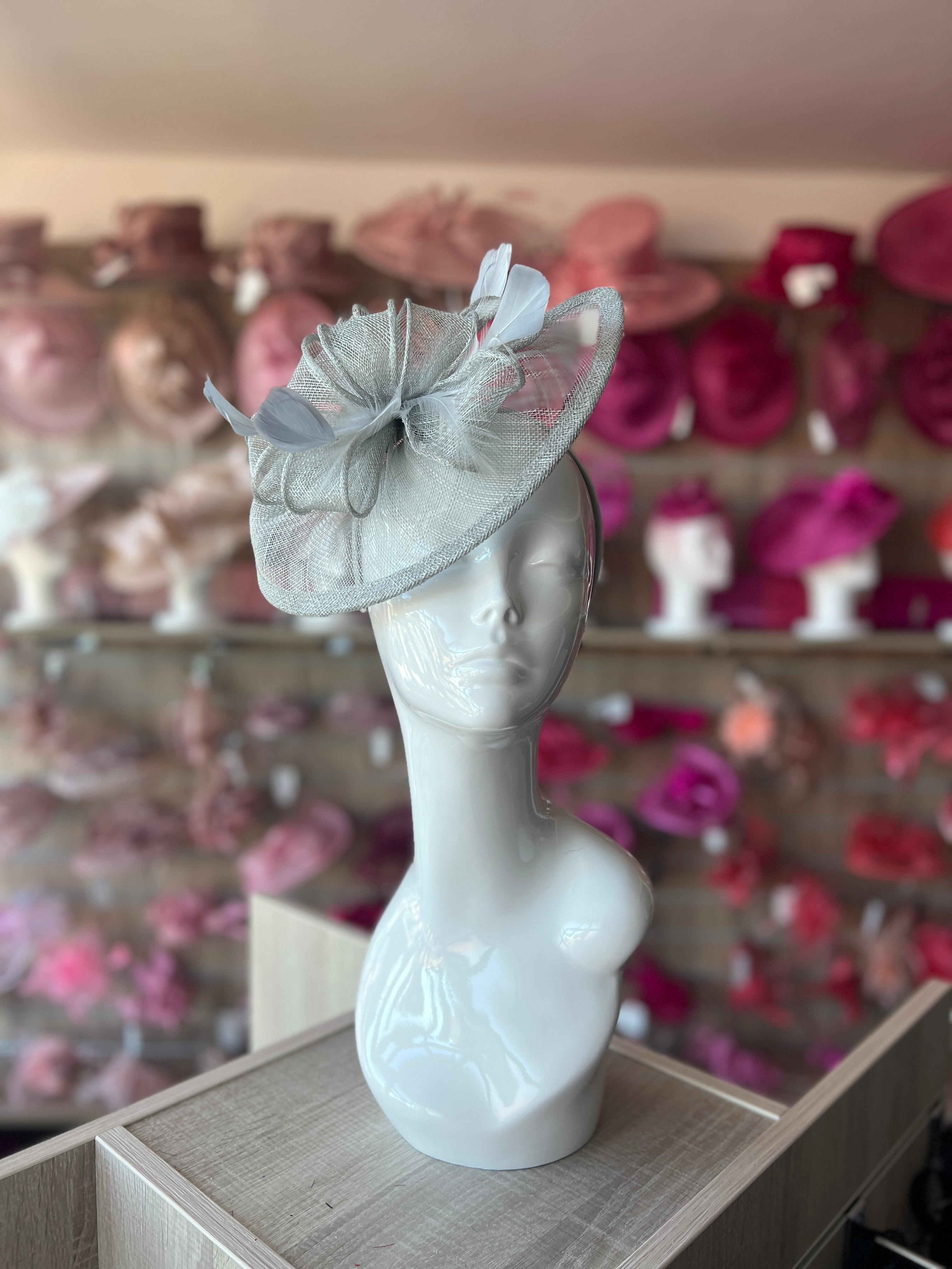 Hair Clip Silver Grey Fascinator Hat Grey Satin Flower Crin
