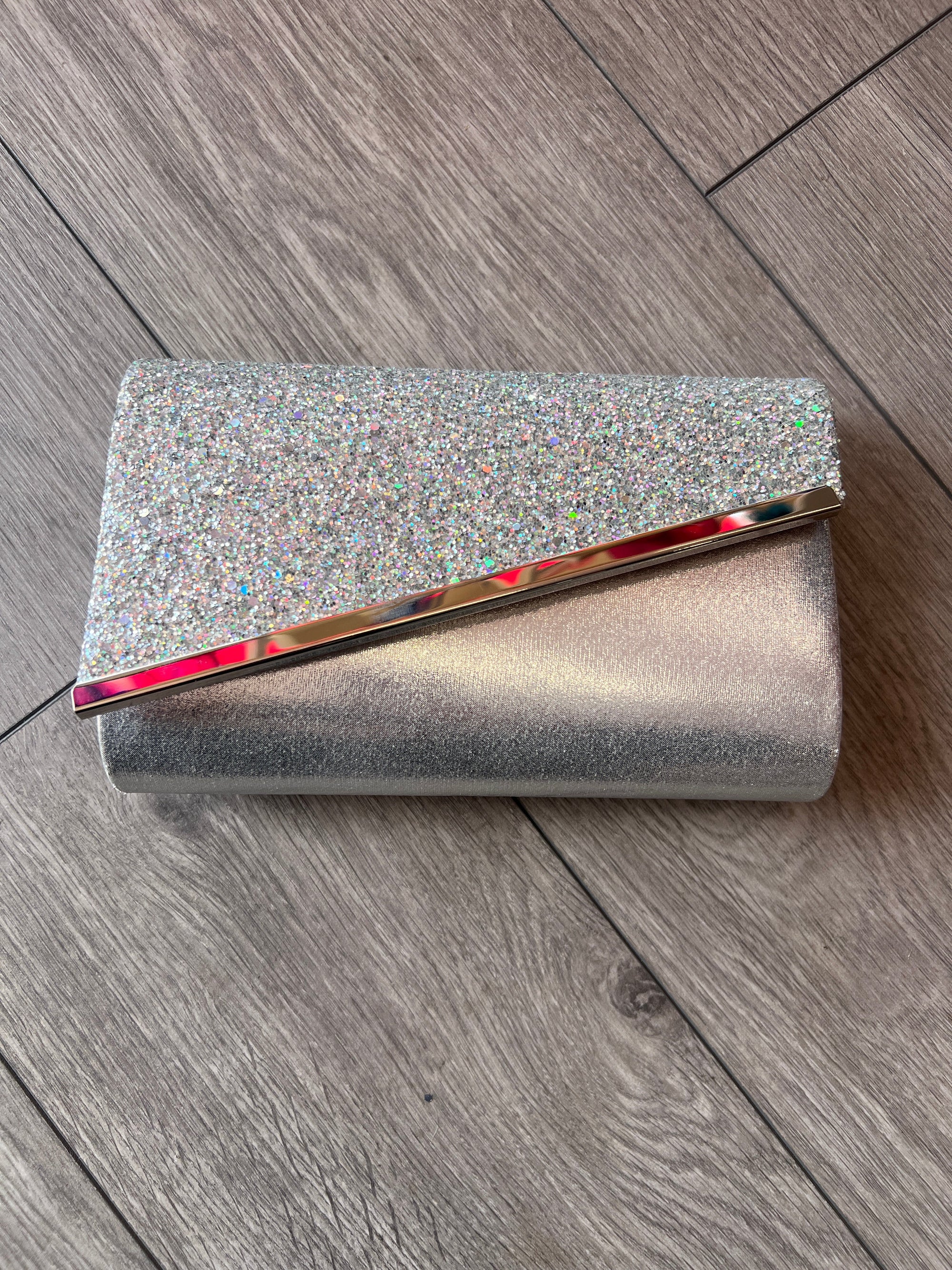 Silver Glitter Clutch Bag With Silver Trim-Fascinators Direct