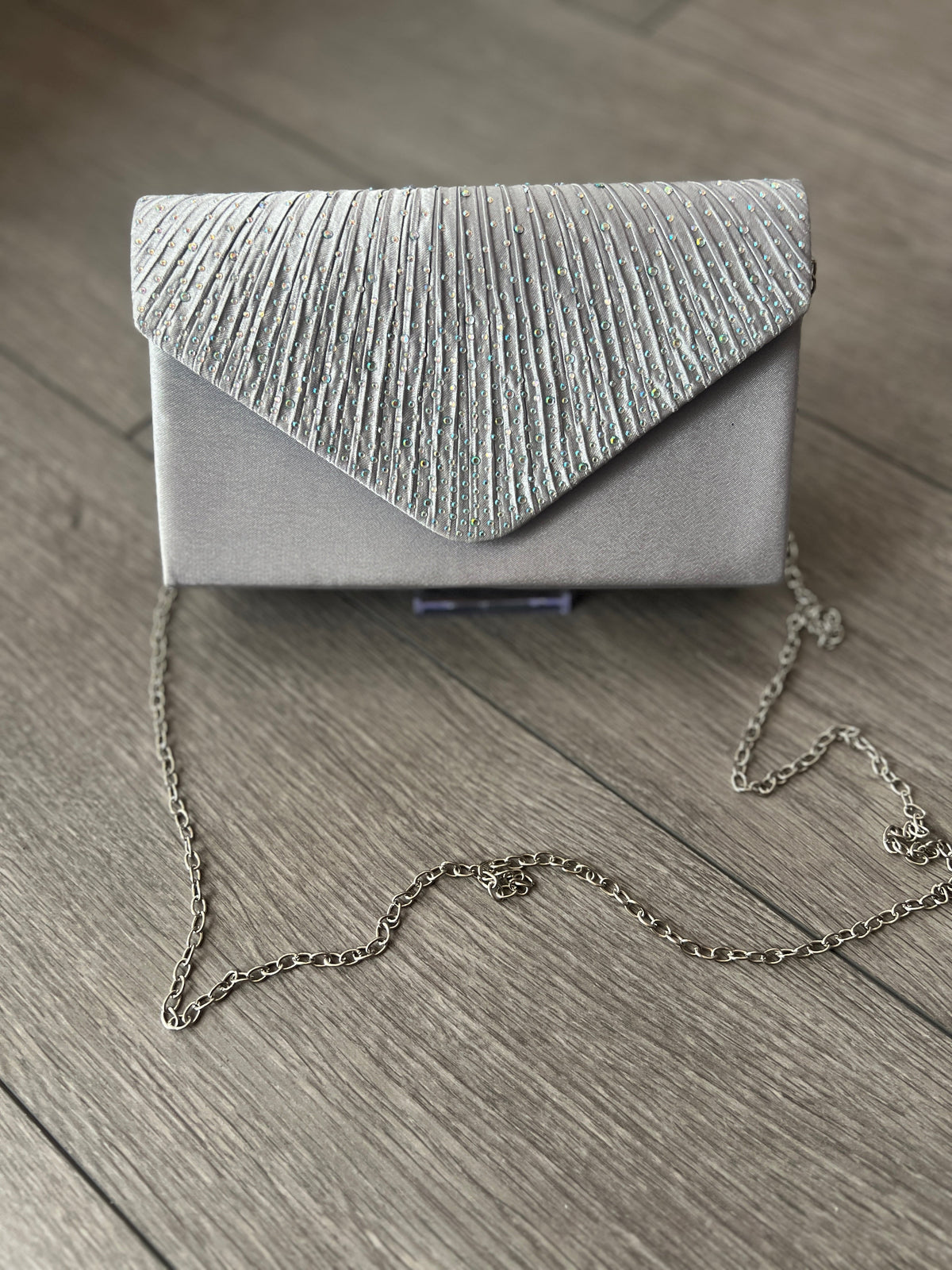 Silver Grey Envelope Clutch Bag with Rhinestones-Fascinators Direct