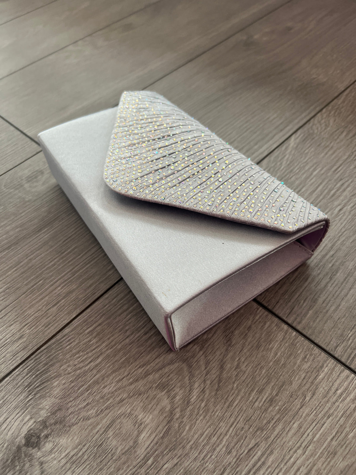 Silver Grey Envelope Clutch Bag with Rhinestones-Fascinators Direct