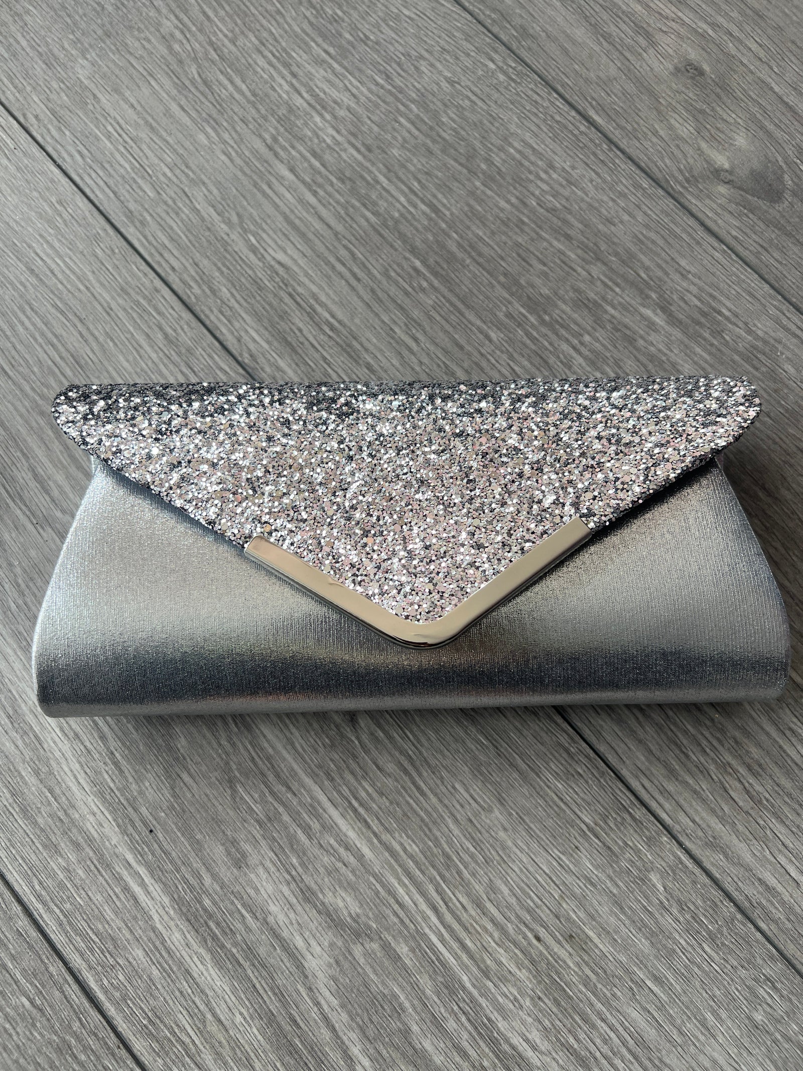 Silver Grey Glitter Clutch Bag-Fascinators Direct