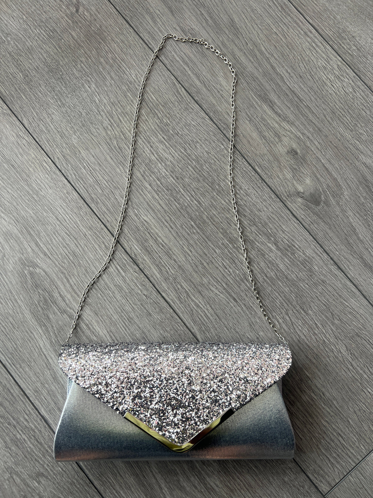 Silver Grey Glitter Envelope Clutch Bag