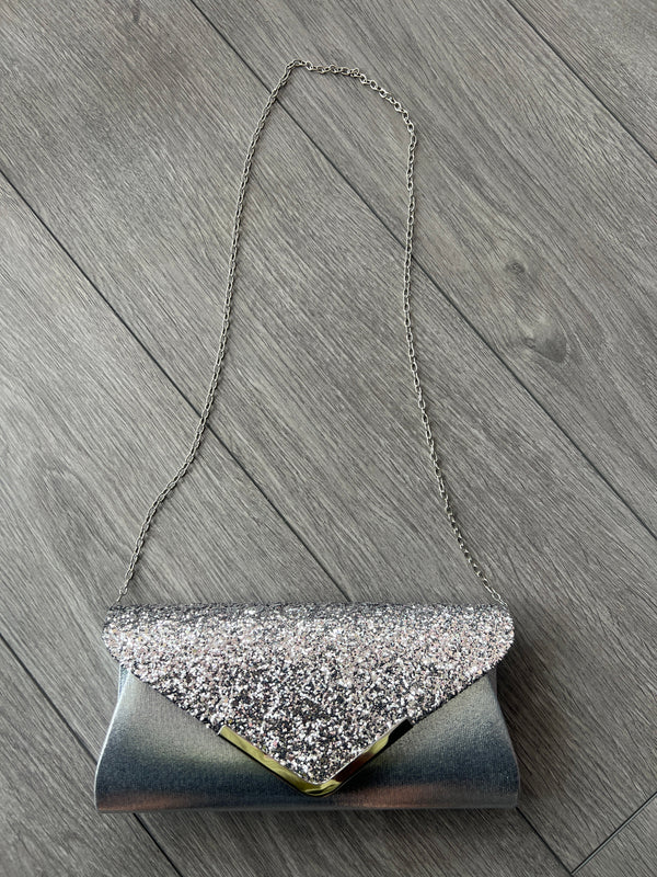 Silver Grey Glitter Clutch Bag