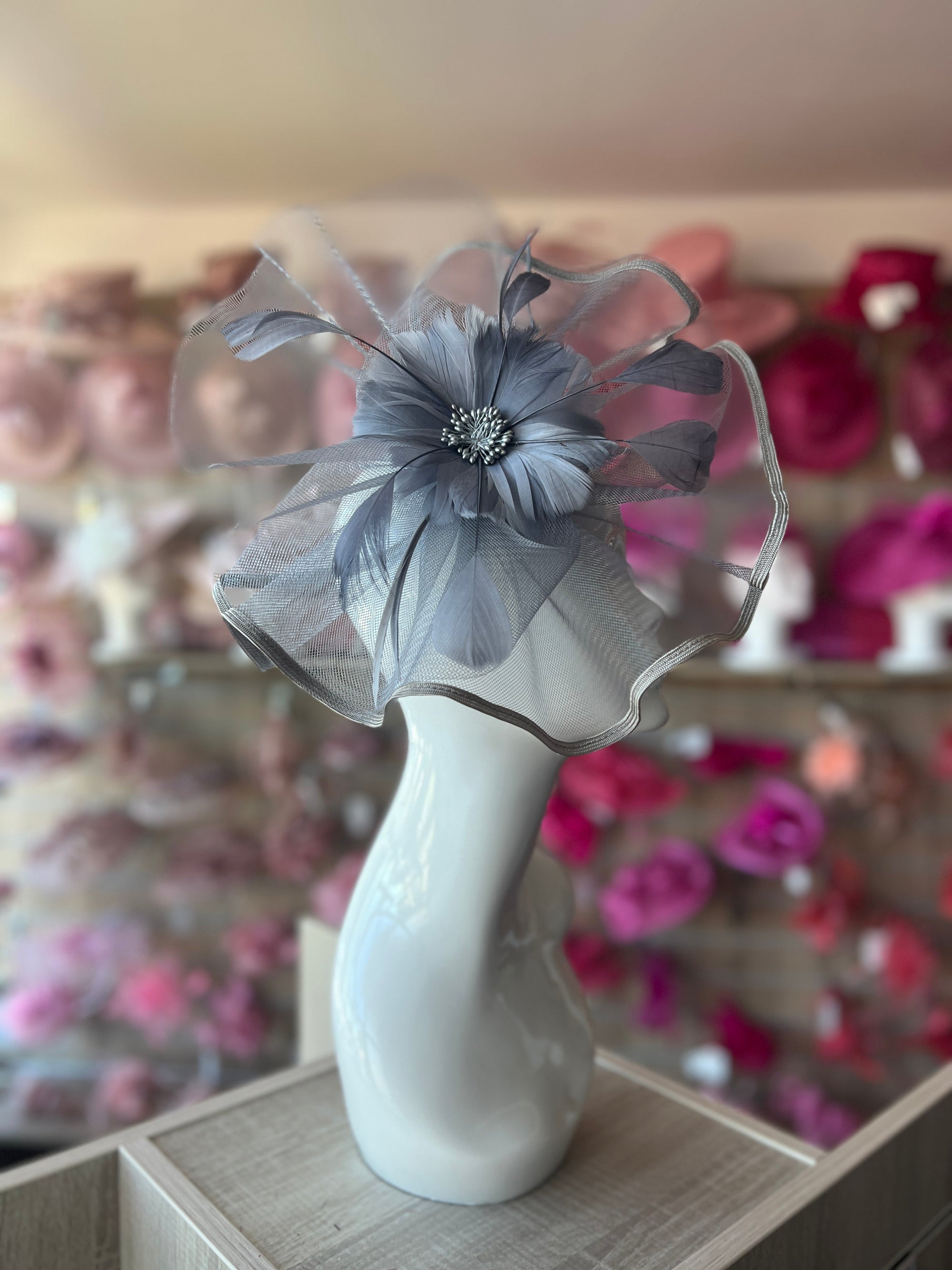 Silver Grey Large Fascinator with Ruched Crinoline & Flower-Fascinators Direct