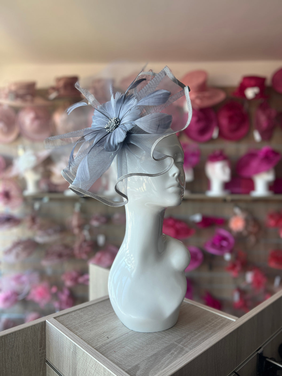 Silver Grey Large Fascinator with Ruched Crinoline &amp; Flower-Fascinators Direct
