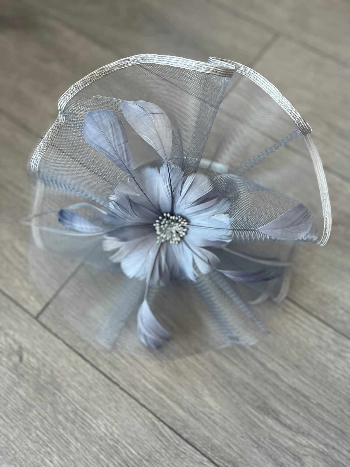 Silver Grey Large Fascinator with Ruched Crinoline &amp; Flower-Fascinators Direct