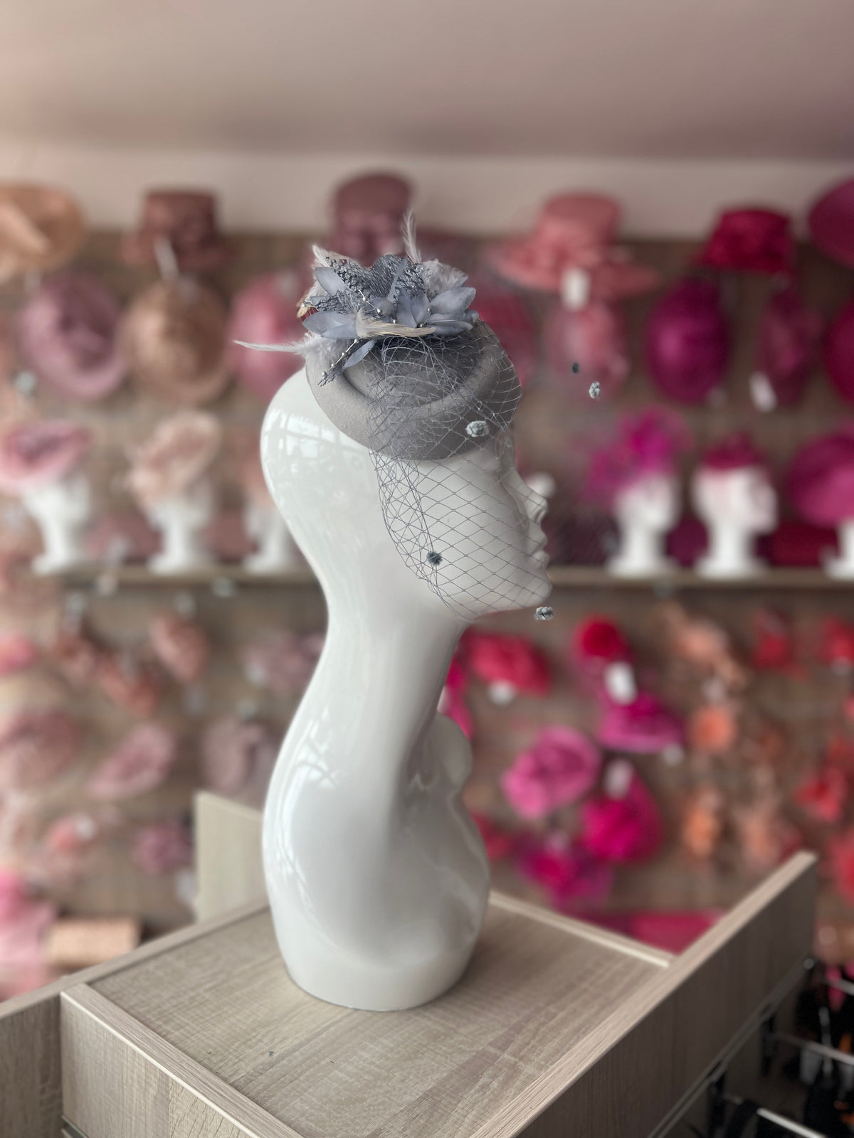 Silver Grey Pillbox Fascinator Hat With Flower &amp; Veil-Fascinators Direct