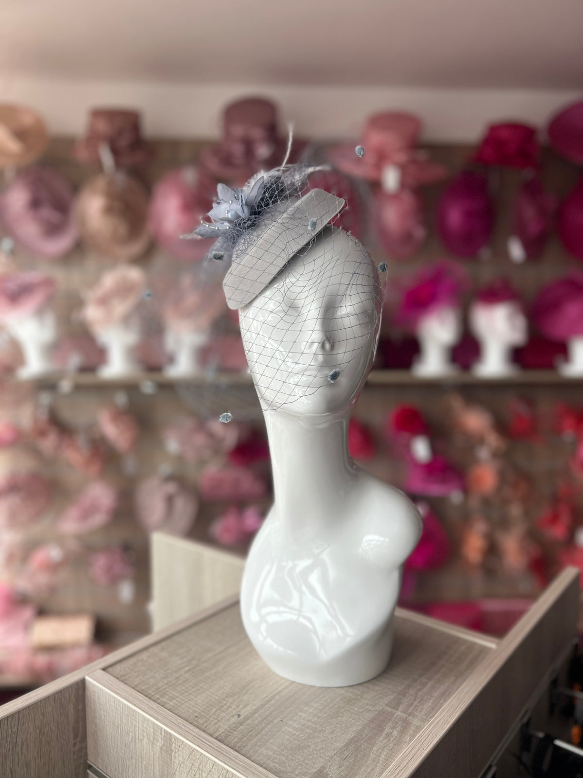 Silver Grey Pillbox Fascinator Hat With Flower &amp; Veil-Fascinators Direct