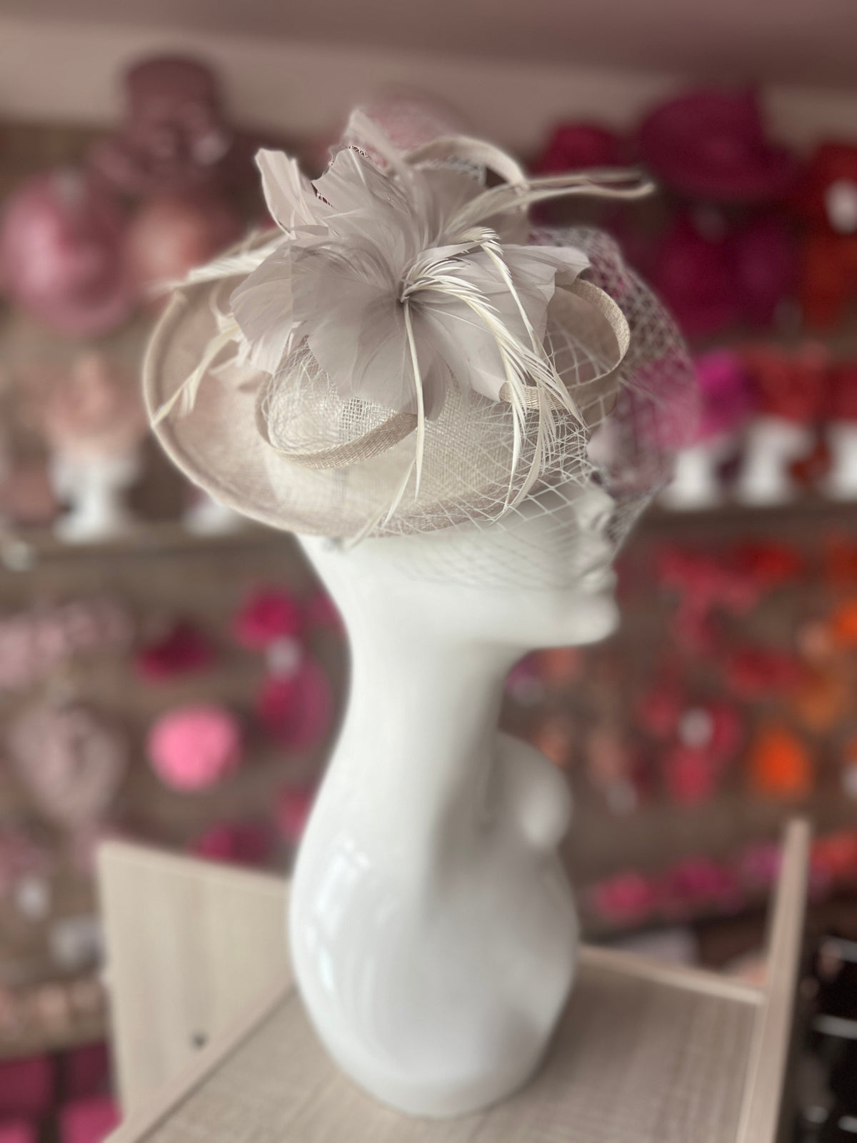 Silver Hatinator With Feather Flower &amp; Veil-Fascinators Direct