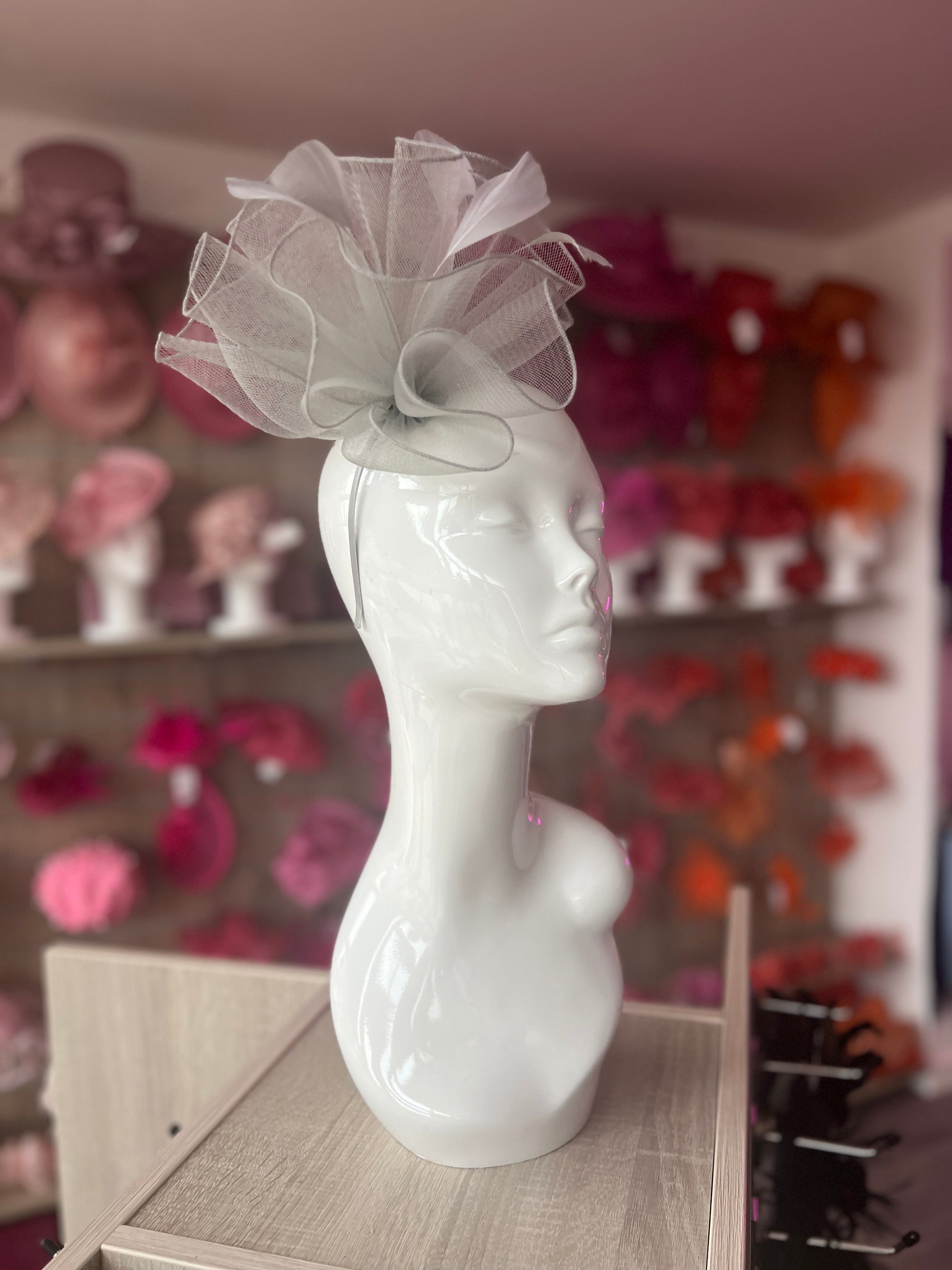 Silver Large Fascinator Frilled Mesh with Feathers-Fascinators Direct