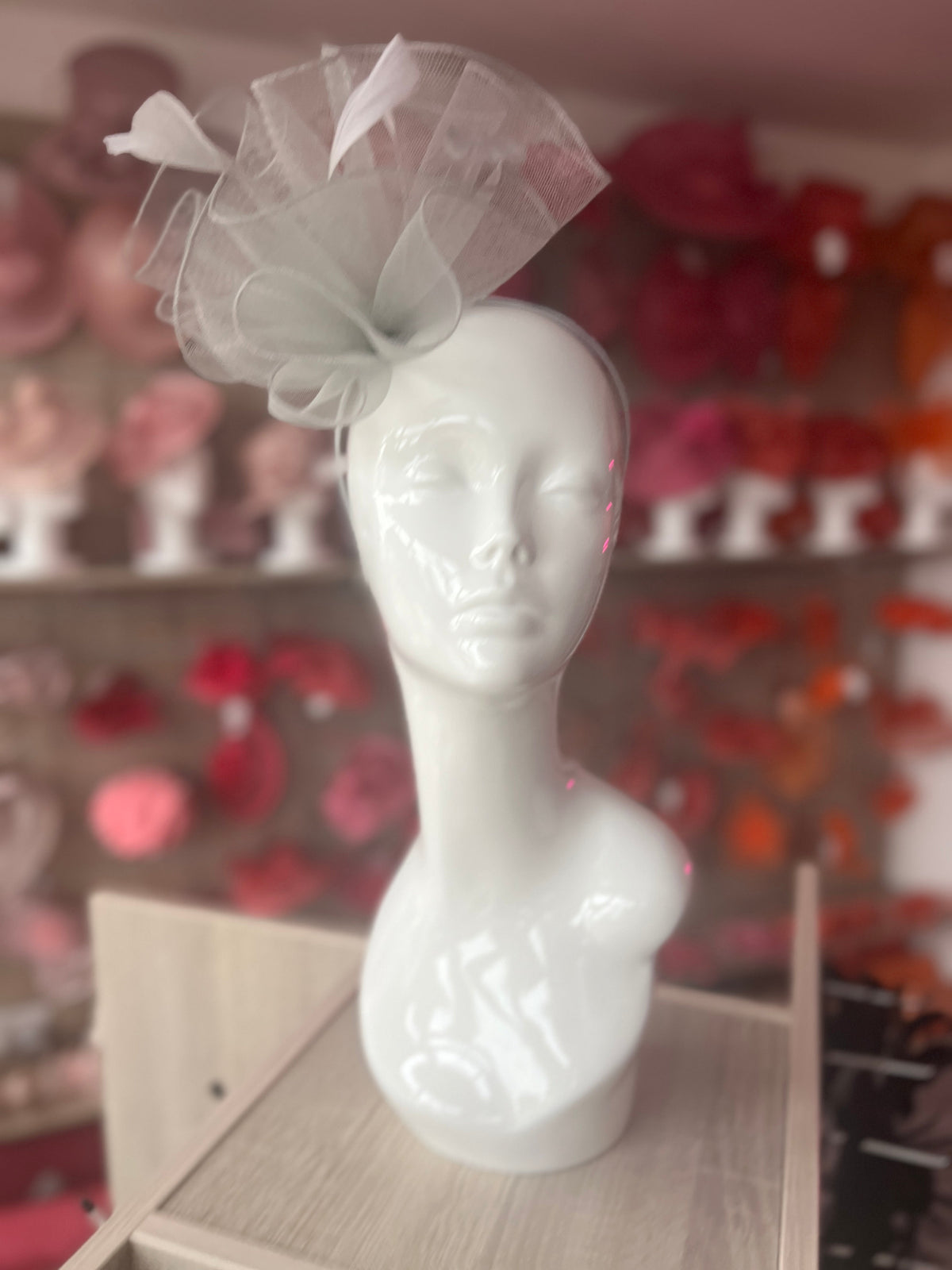 Silver Large Fascinator Frilled Mesh with Feathers-Fascinators Direct