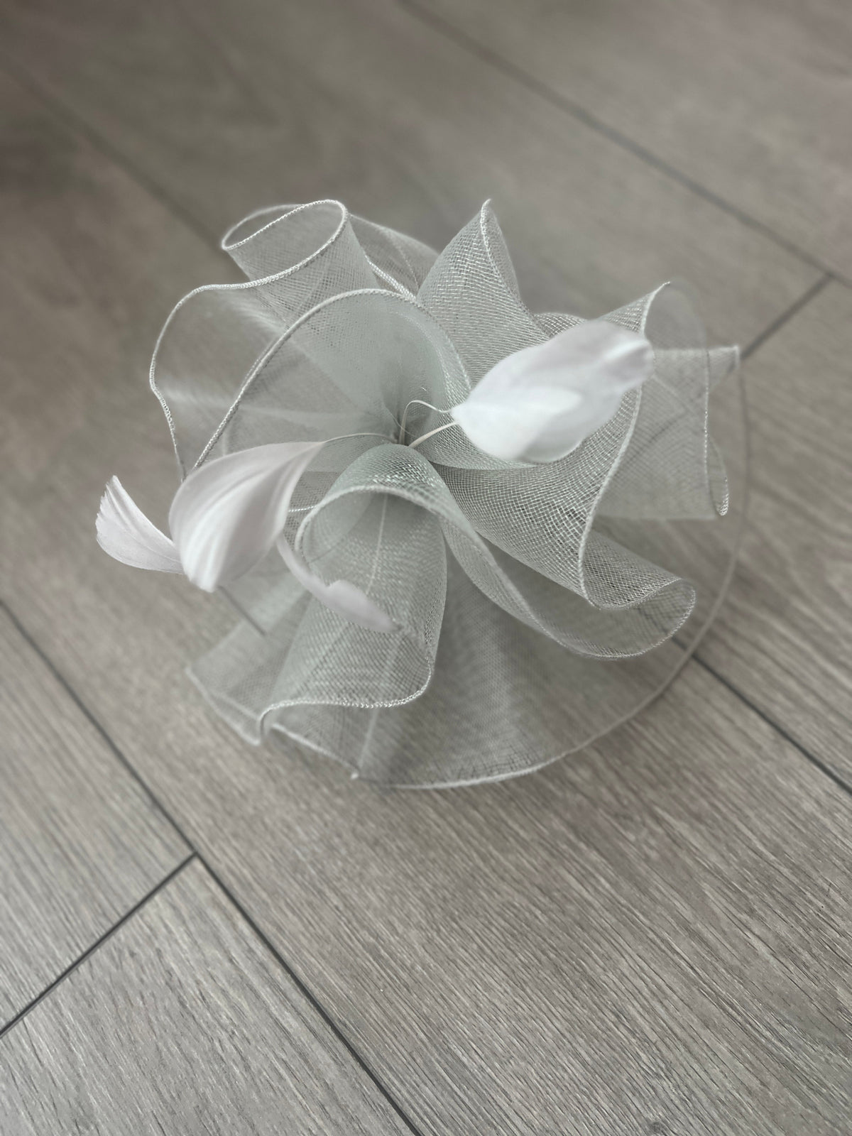 Silver Large Fascinator Frilled Mesh with Feathers-Fascinators Direct