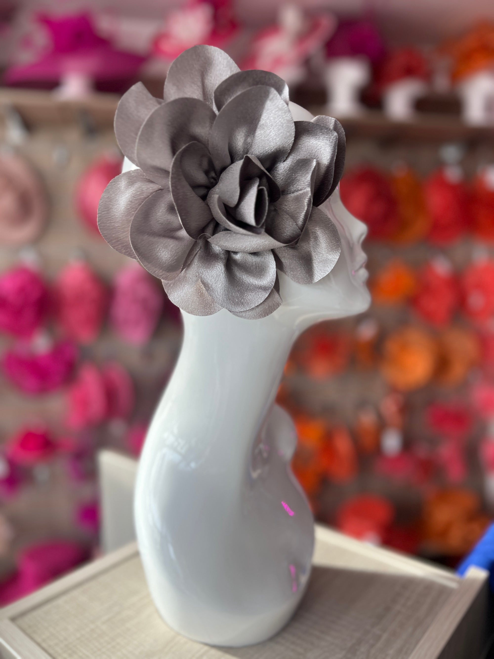 Silver Large Satin Rose Flower Fascinator-Fascinators Direct
