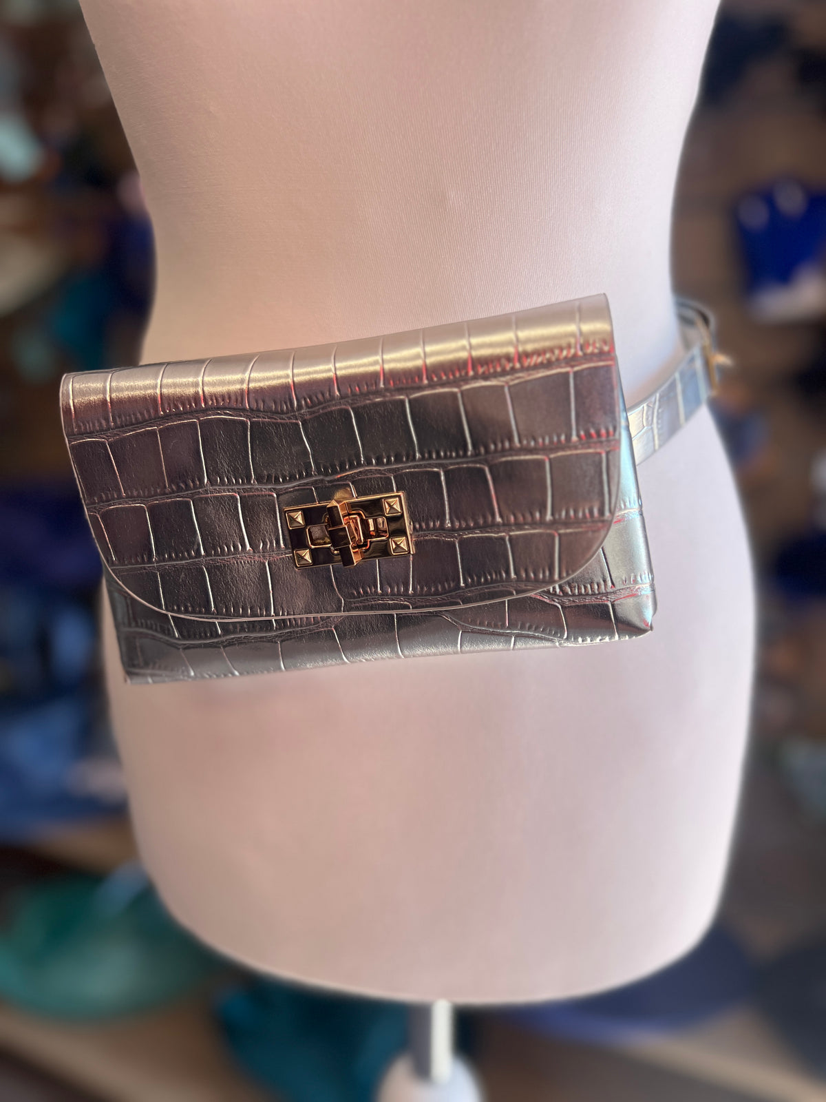 Silver Mini Crocodile Embossed Belt Bag-Fascinators Direct