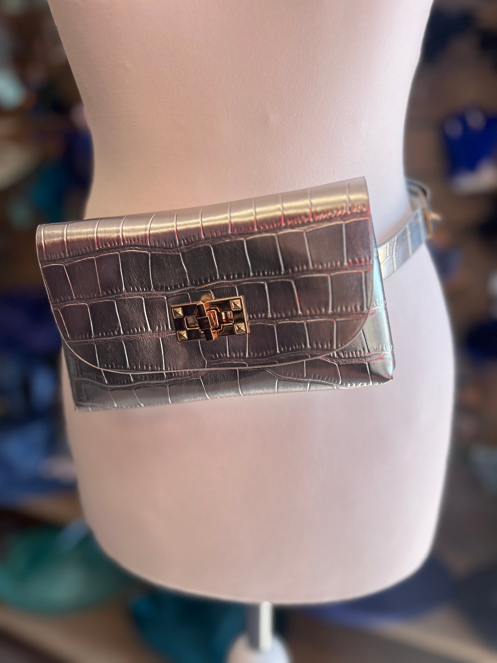 Silver Mini Crocodile Embossed Belt Bag-Fascinators Direct