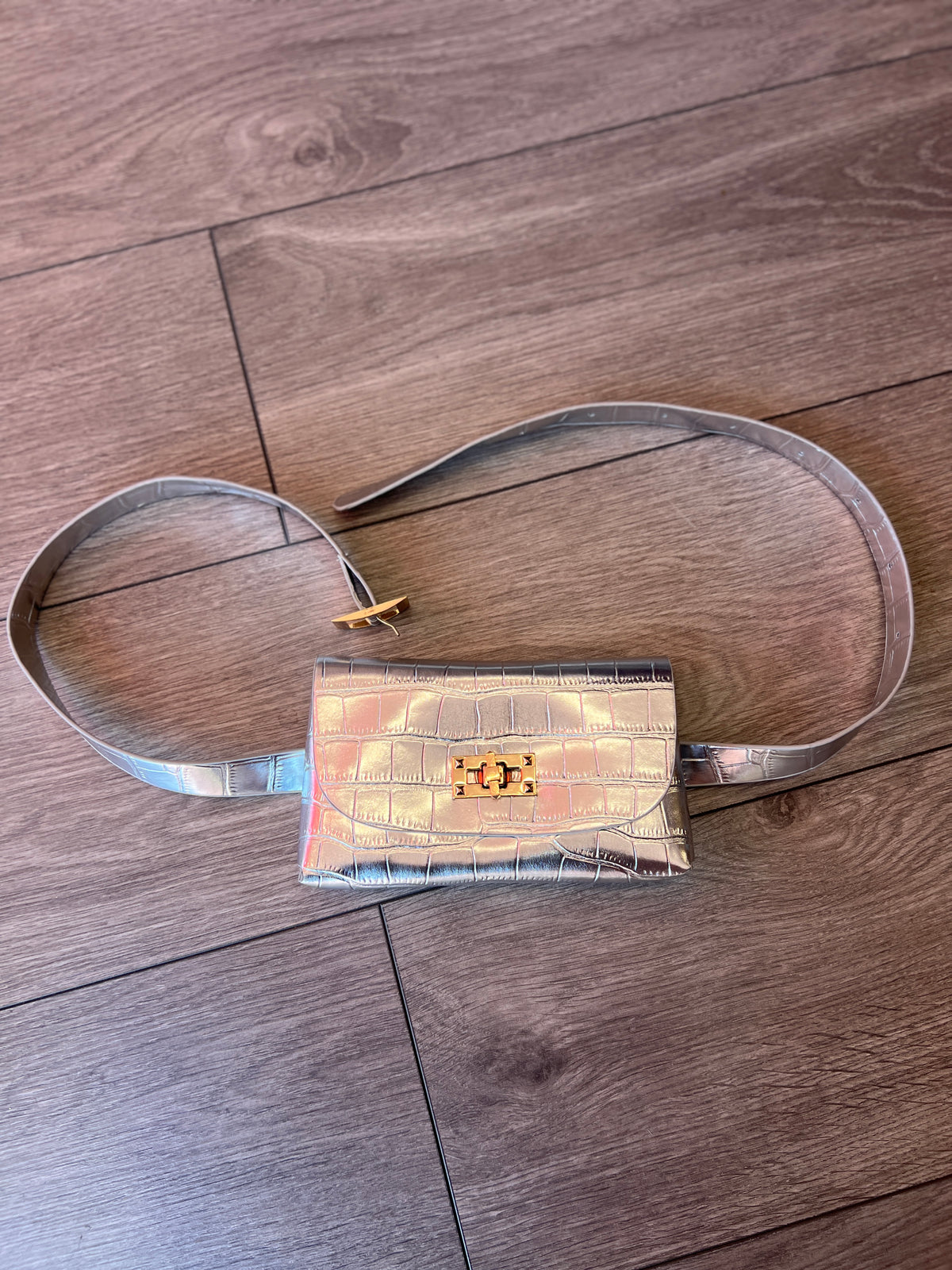 Silver Mini Crocodile Embossed Belt Bag-Fascinators Direct