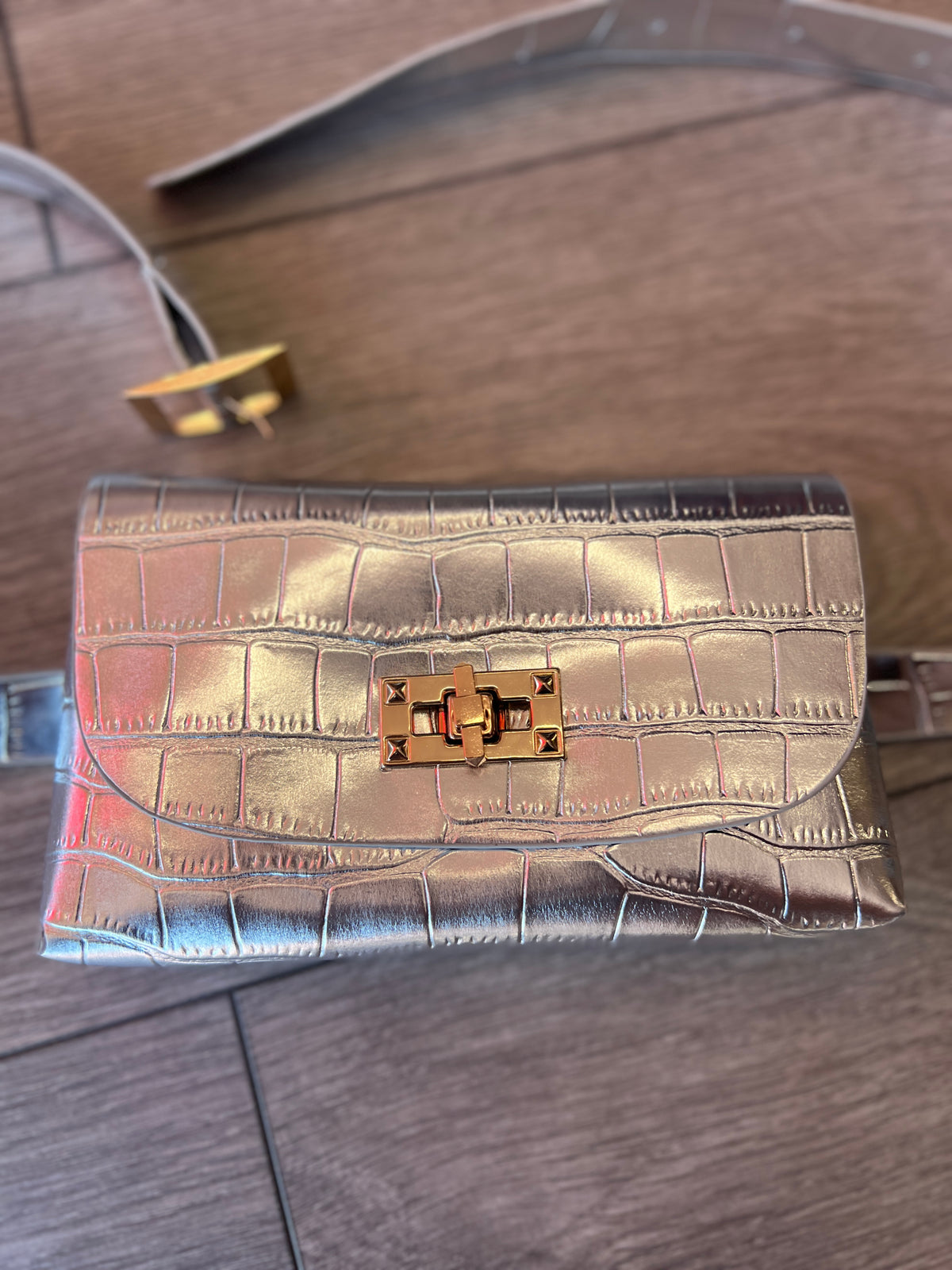 Silver Mini Crocodile Embossed Belt Bag-Fascinators Direct