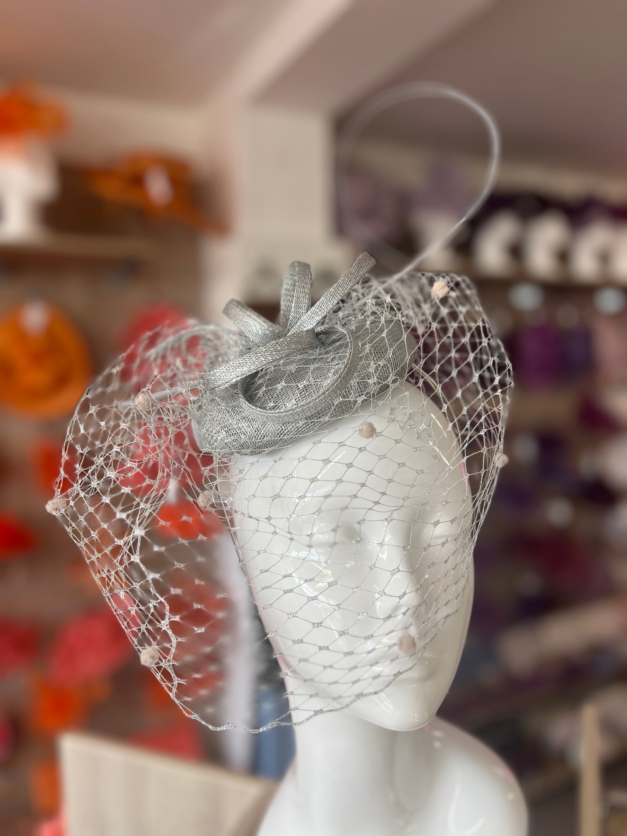 Silver Pillbox Hat with Veil & Curled Quill-Fascinators Direct