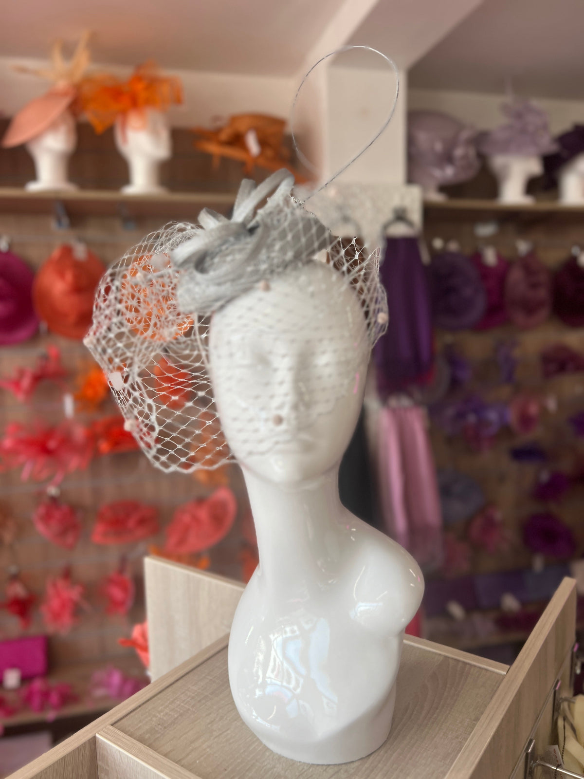 Silver Pillbox Hat with Veil &amp; Curled Quill-Fascinators Direct