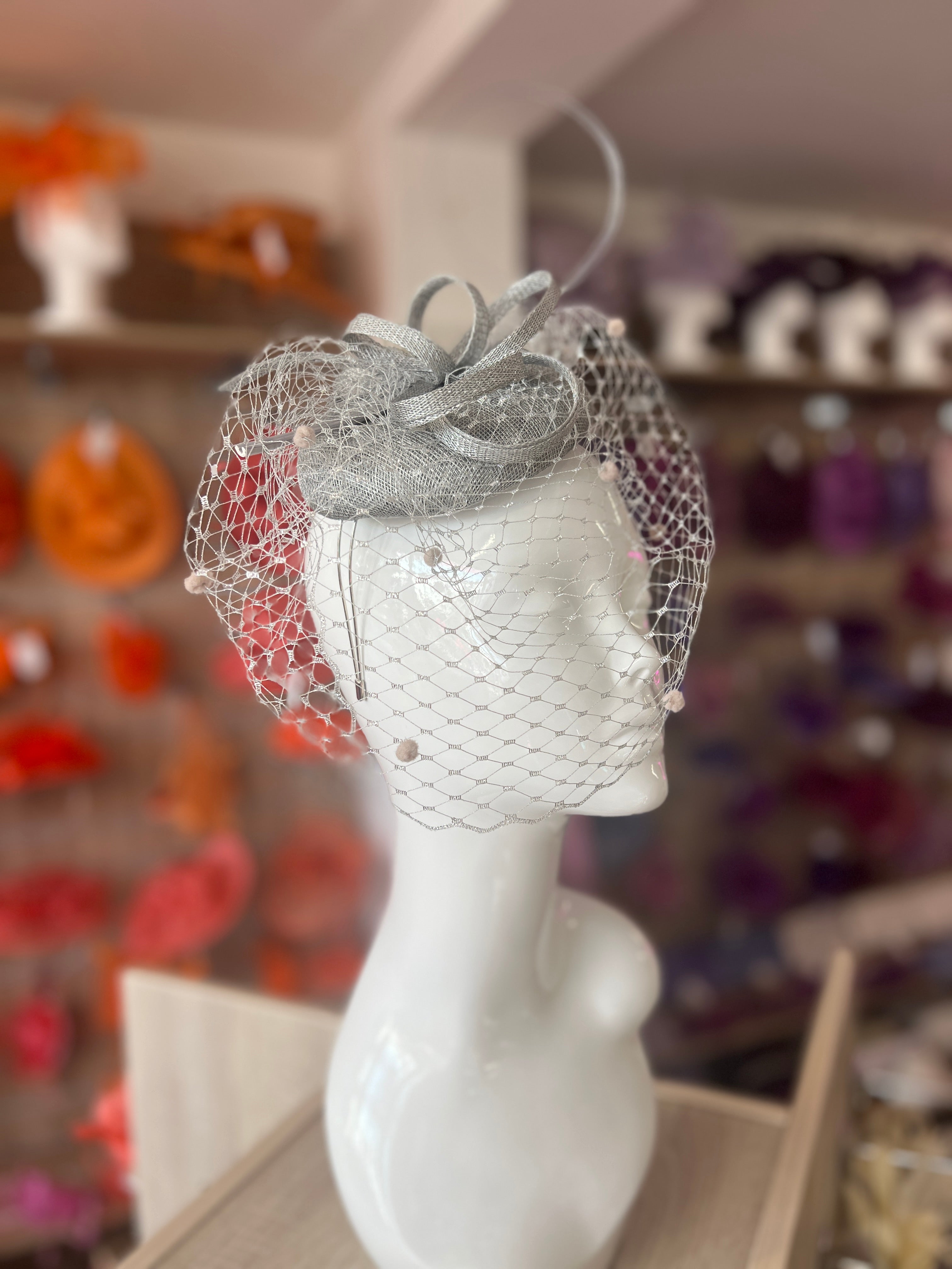 Silver Pillbox Hat with Veil Curled Quill - Main Image