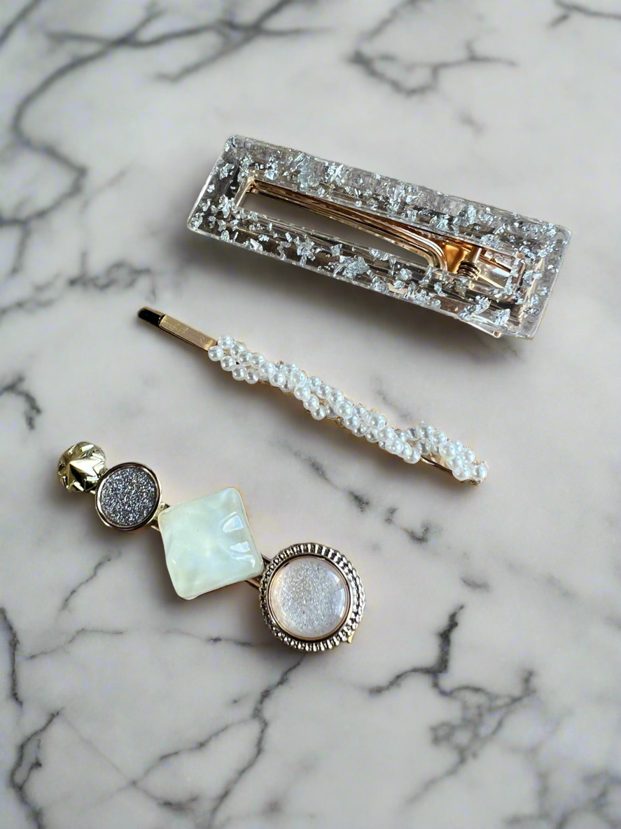 Silver Resin & Pearl Hair Slides x3-Fascinators Direct