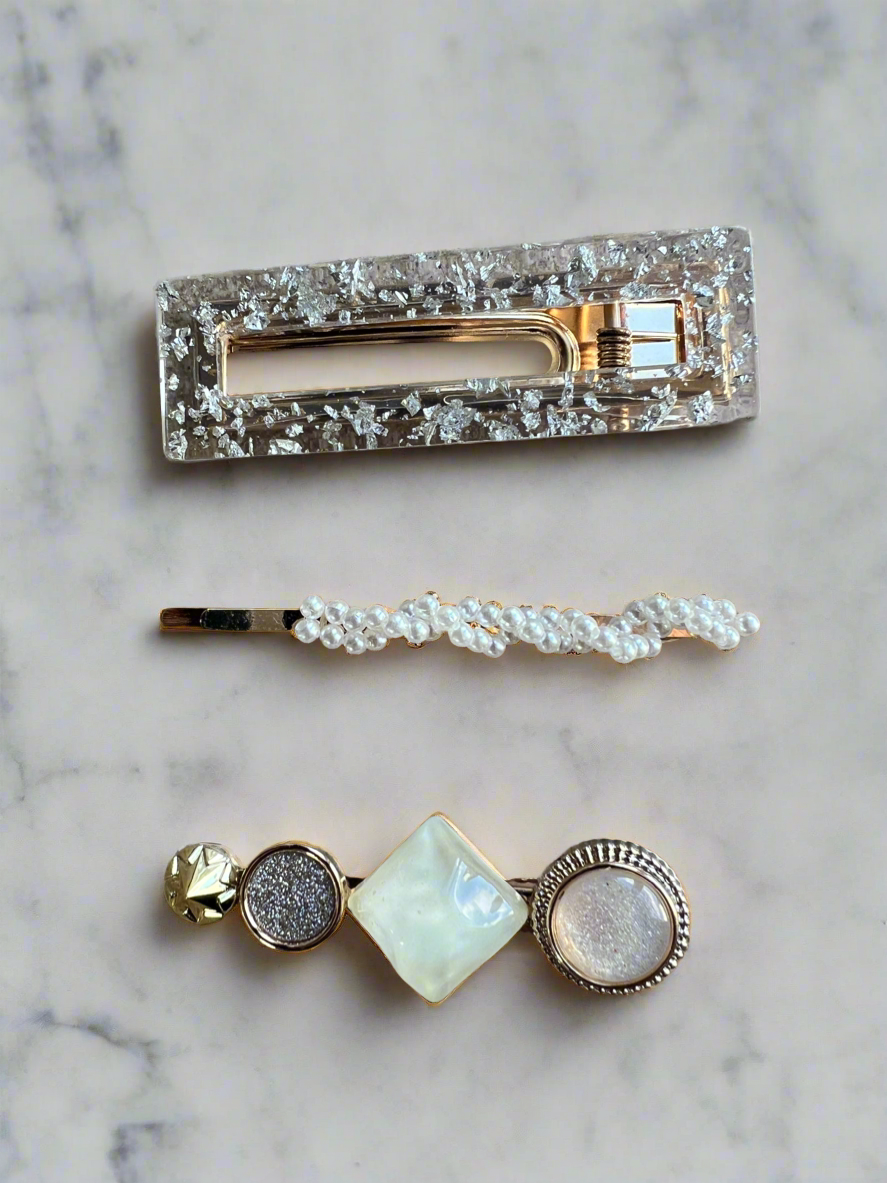 Silver Resin &amp; Pearl Hair Slides x3-Fascinators Direct