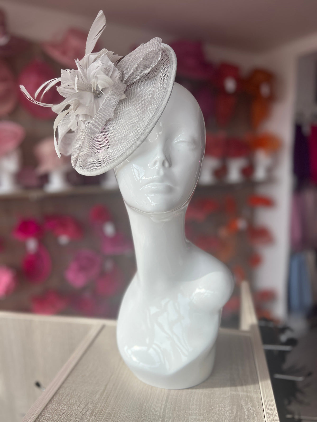 Silver Round Fascinator With Spiral loops &amp; Feather Flowers-Fascinators Direct