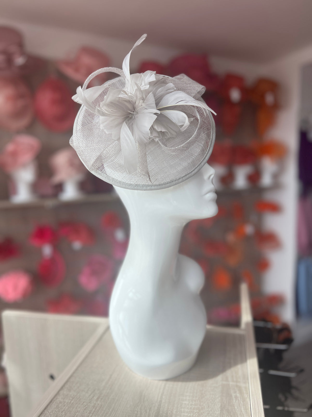 Silver Round Fascinator With Spiral loops &amp; Feather Flowers-Fascinators Direct