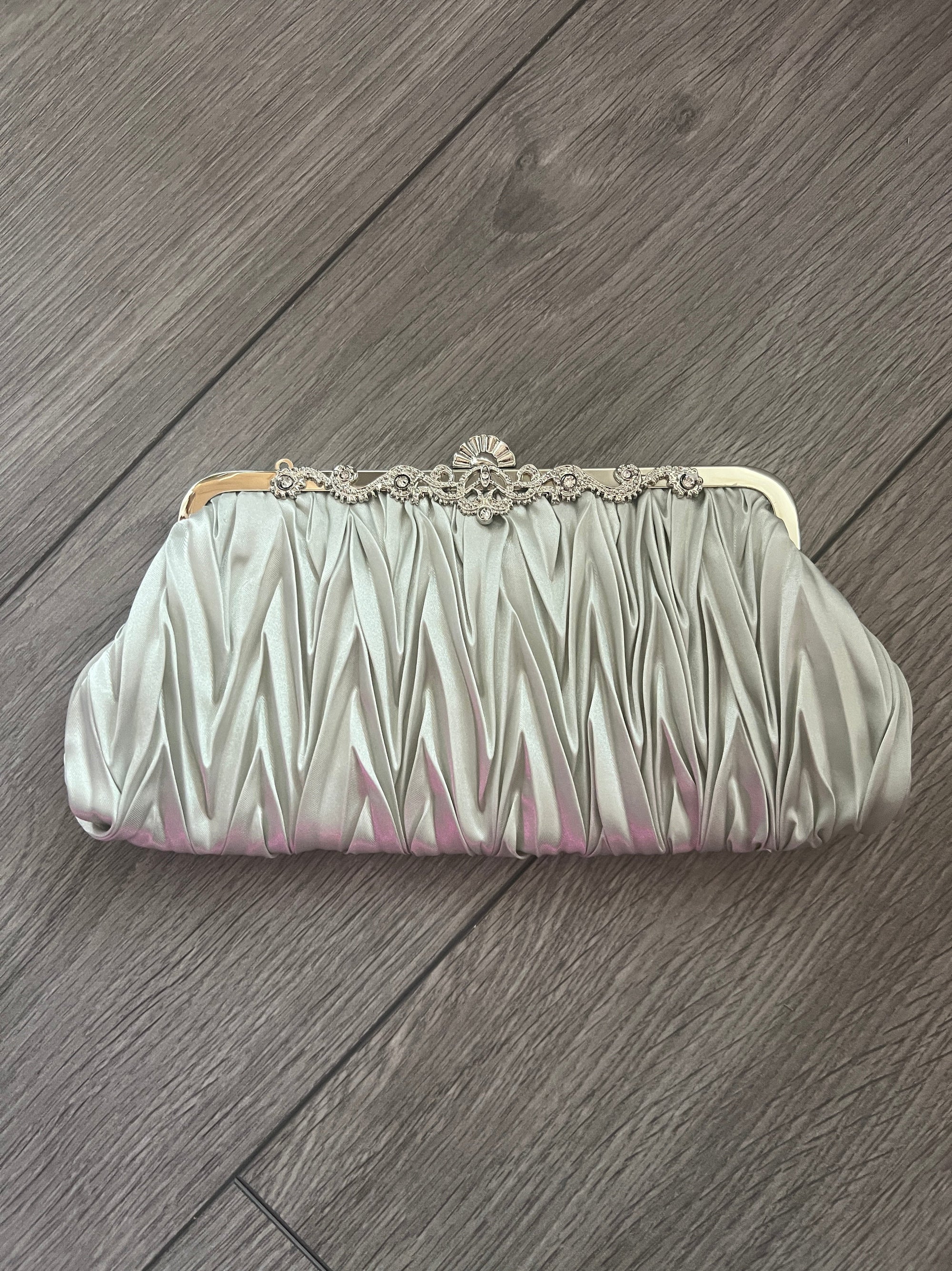 Silver Satin Art Deco Detail Clutch Bag-Fascinators Direct