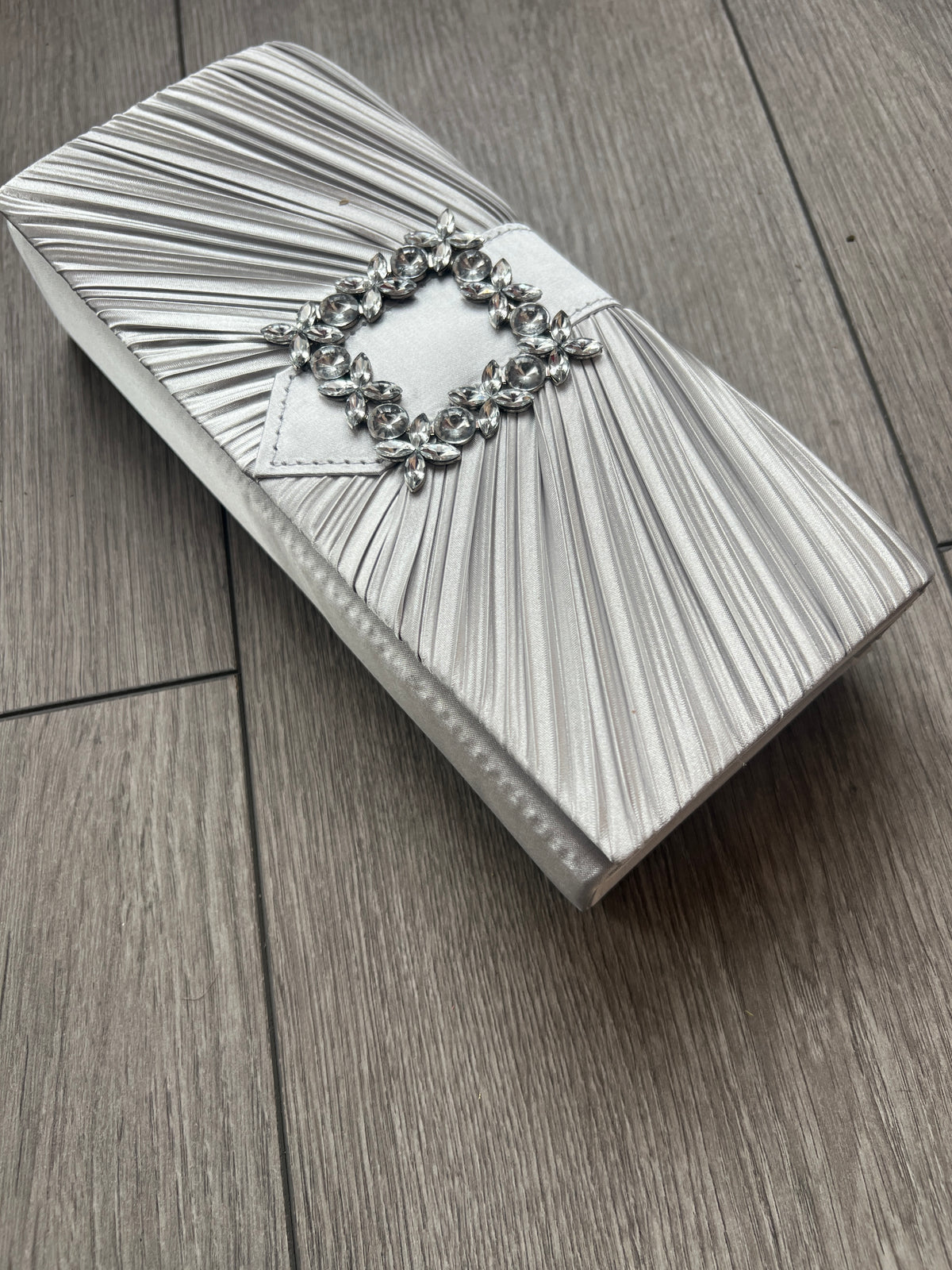 Silver Satin Pleated Clutch Bag With Jewel Embellishment-Fascinators Direct