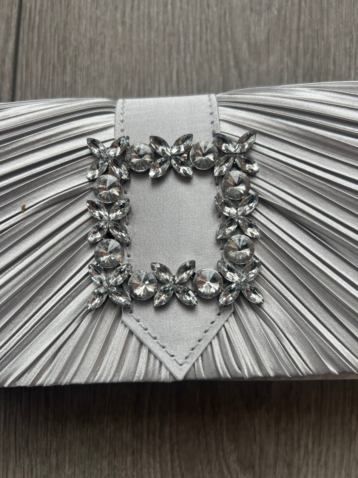 Silver Satin Pleated Clutch Bag With Jewel Embellishment-Fascinators Direct