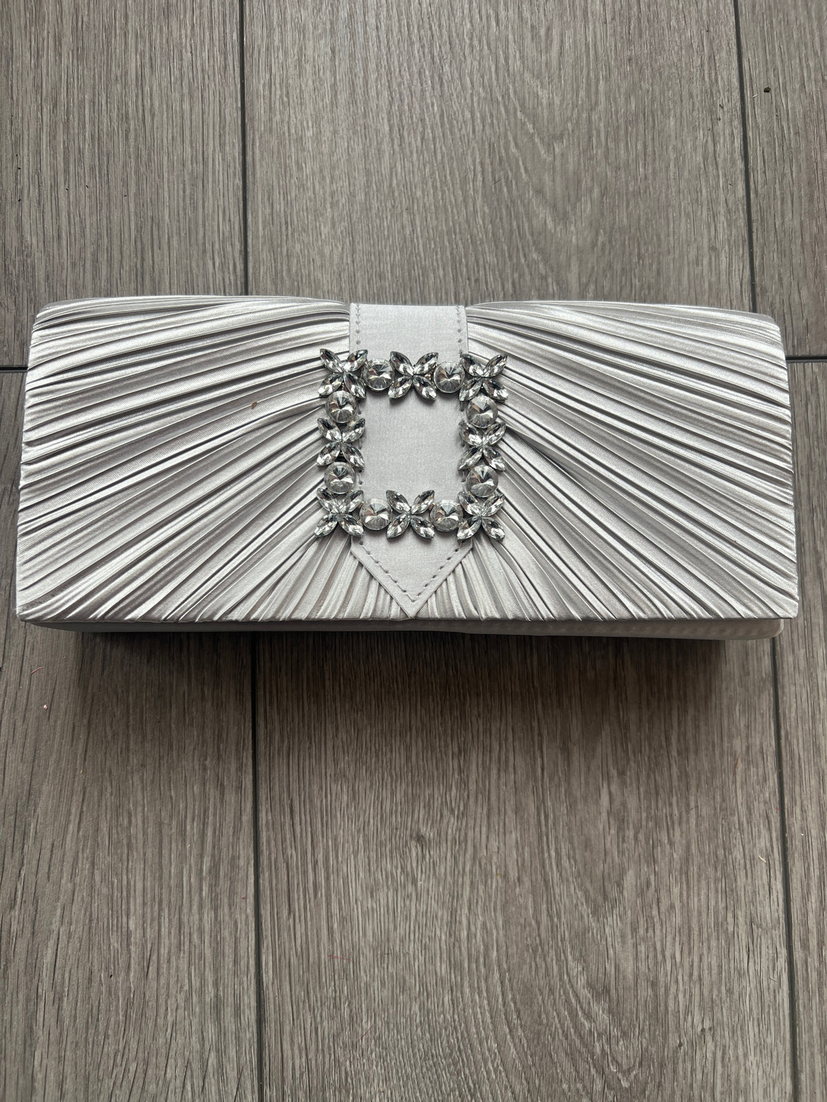 Silver Satin Pleated Clutch Bag With Jewel Embellishment-Fascinators Direct