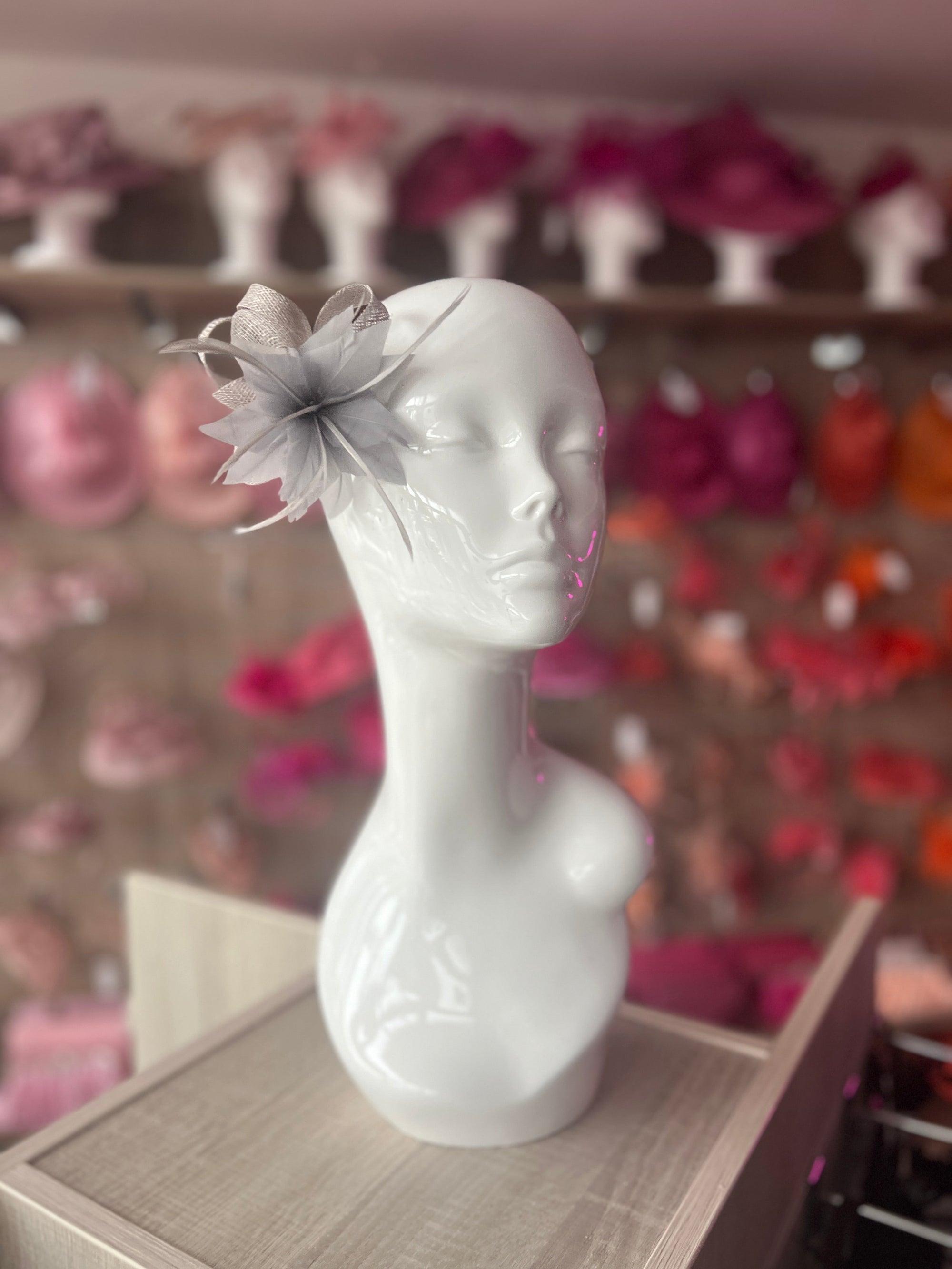 Silver Small Hair Clip Sinamay Fascinator with Feather Flower-Fascinators Direct