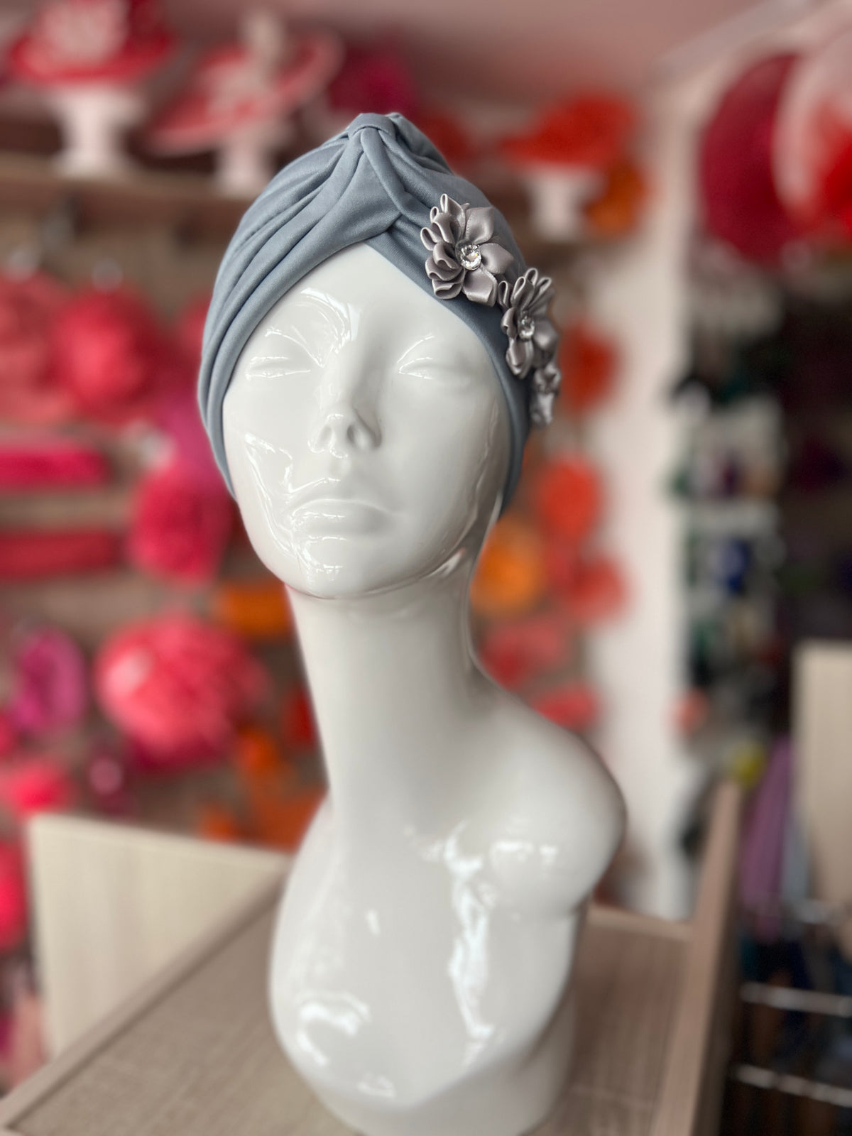 Silver Turban With 3 Embellished Flowers-Fascinators Direct