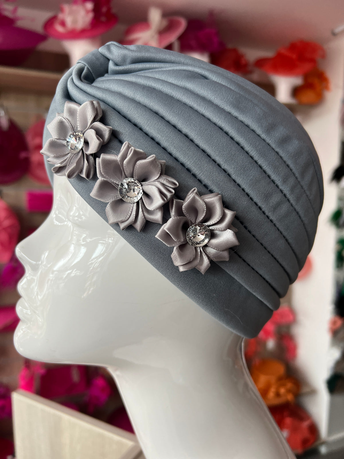 Silver Turban With 3 Embellished Flowers-Fascinators Direct