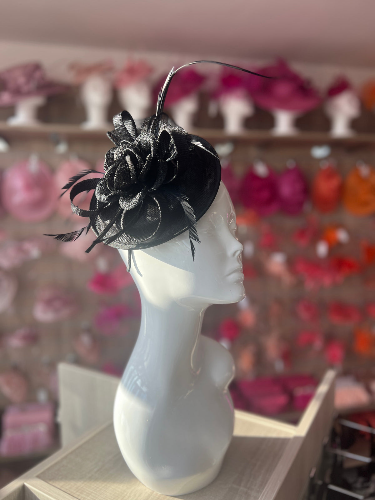 Sinamay Black Round Base Fascinator with Twirl Flower and Feathers-Fascinators Direct