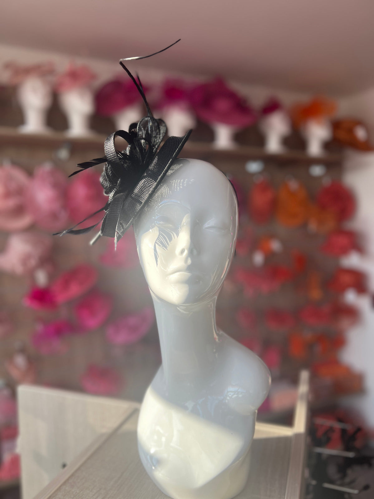 Sinamay Black Round Base Fascinator with Twirl Flower and Feathers-Fascinators Direct