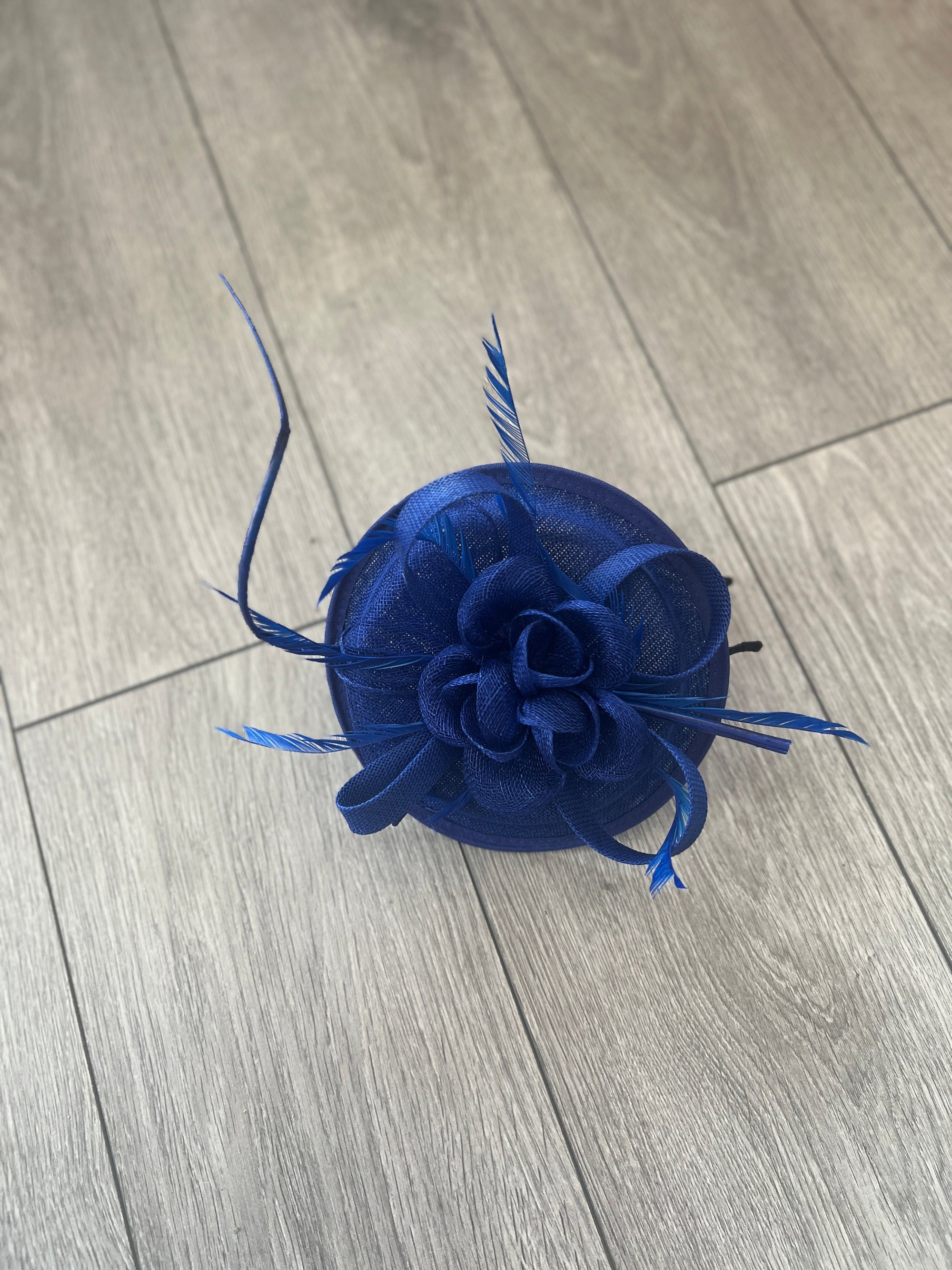 Sinamay Blue Round Base Fascinator with Twirl Flower and Feathers-Fascinators Direct