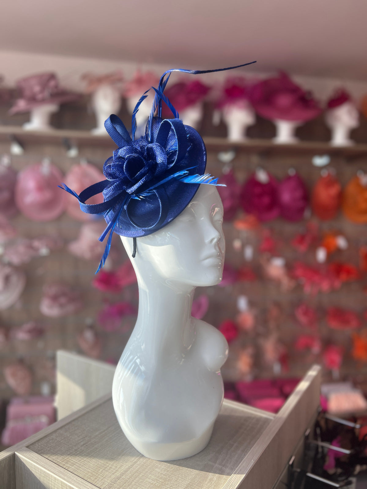 Sinamay Blue Round Base Fascinator with Twirl Flower and Feathers-Fascinators Direct