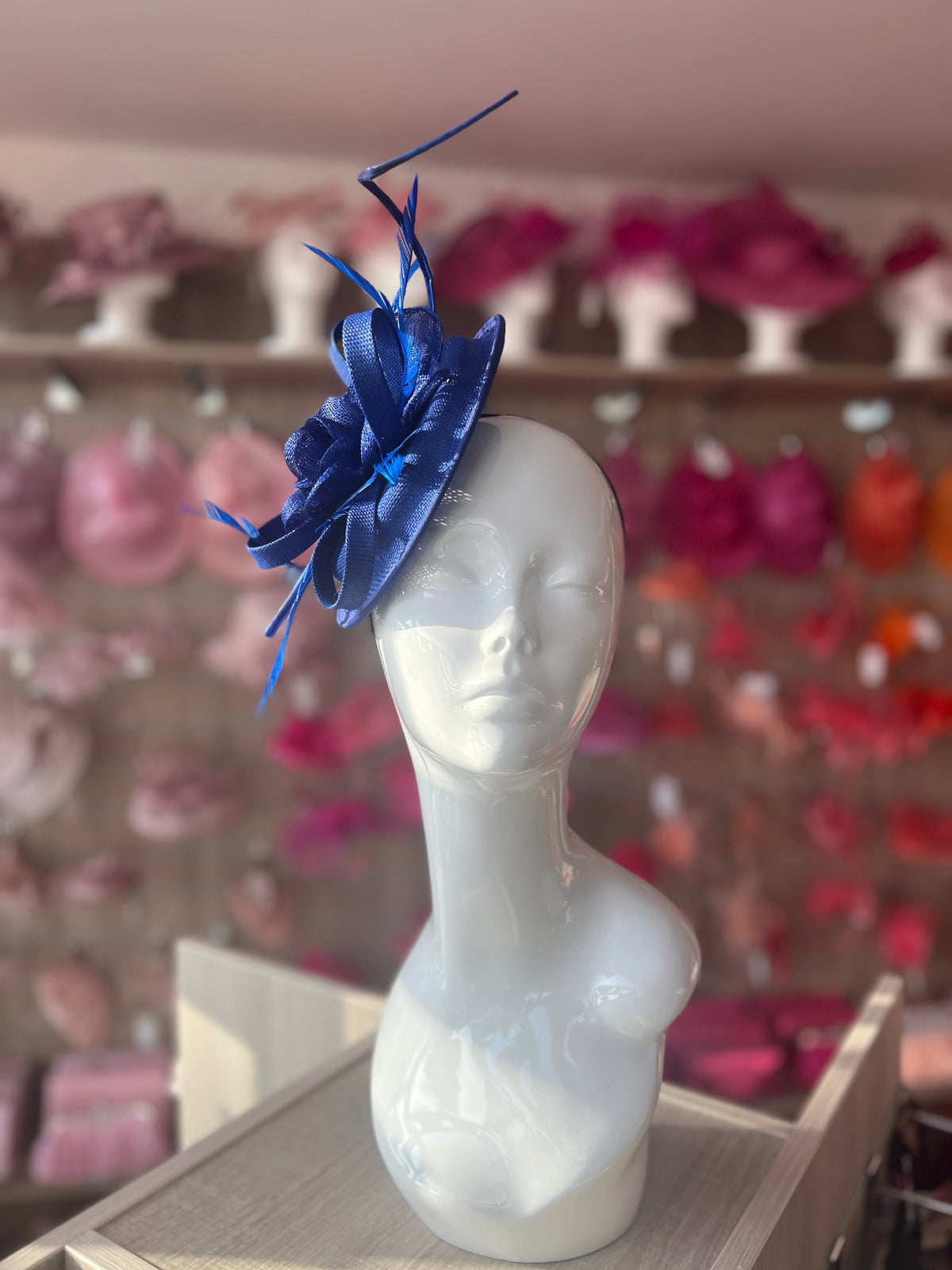 Sinamay Blue Round Base Fascinator with Twirl Flower and Feathers-Fascinators Direct
