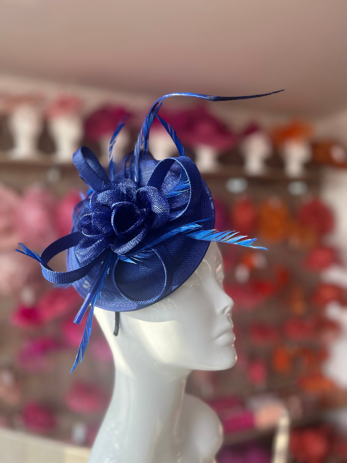 Sinamay Blue Round Base Fascinator with Twirl Flower and Feathers-Fascinators Direct