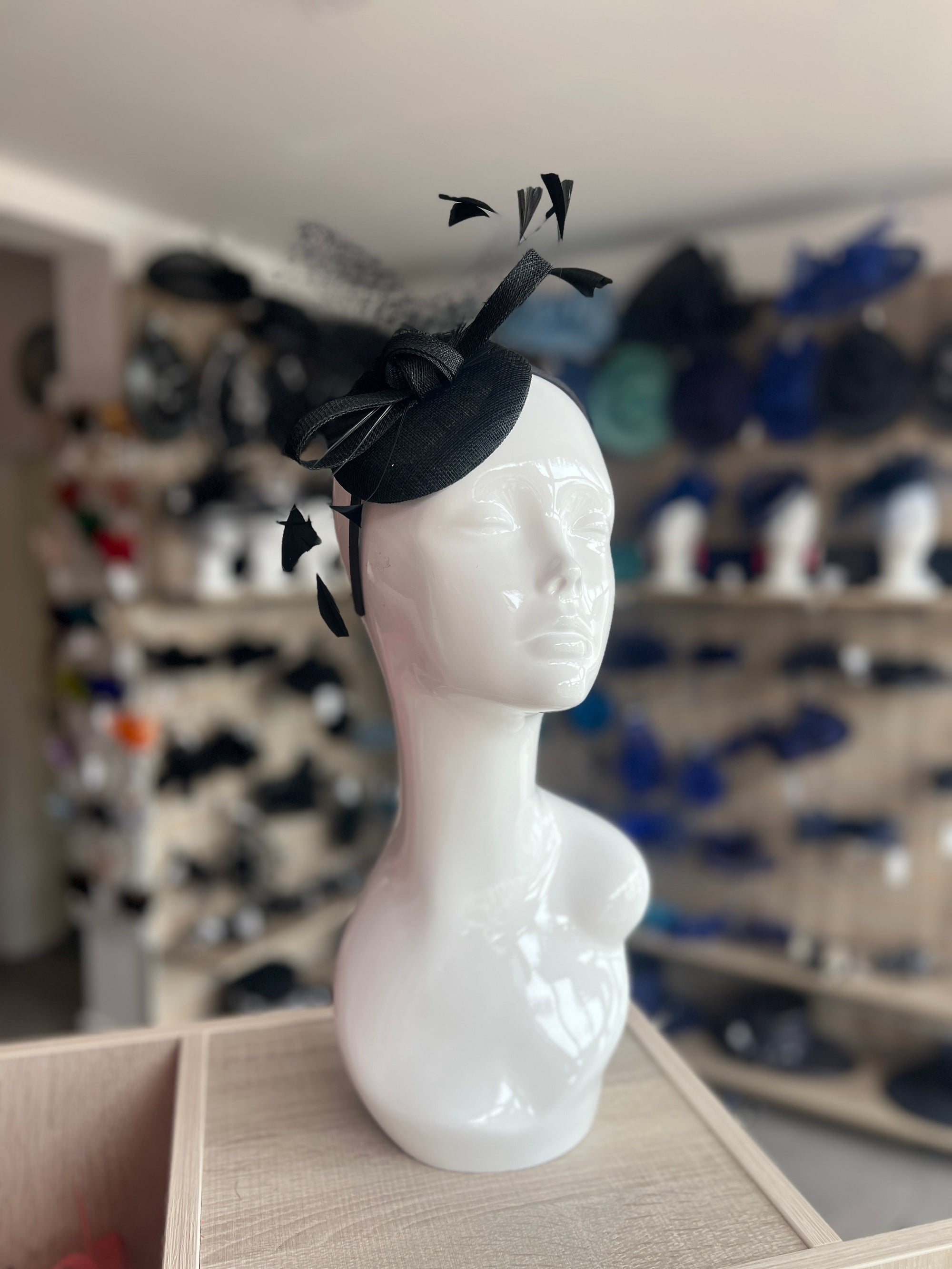 Sinamay Disc Black Fascinator Headband with Feathers & Net-Fascinators Direct