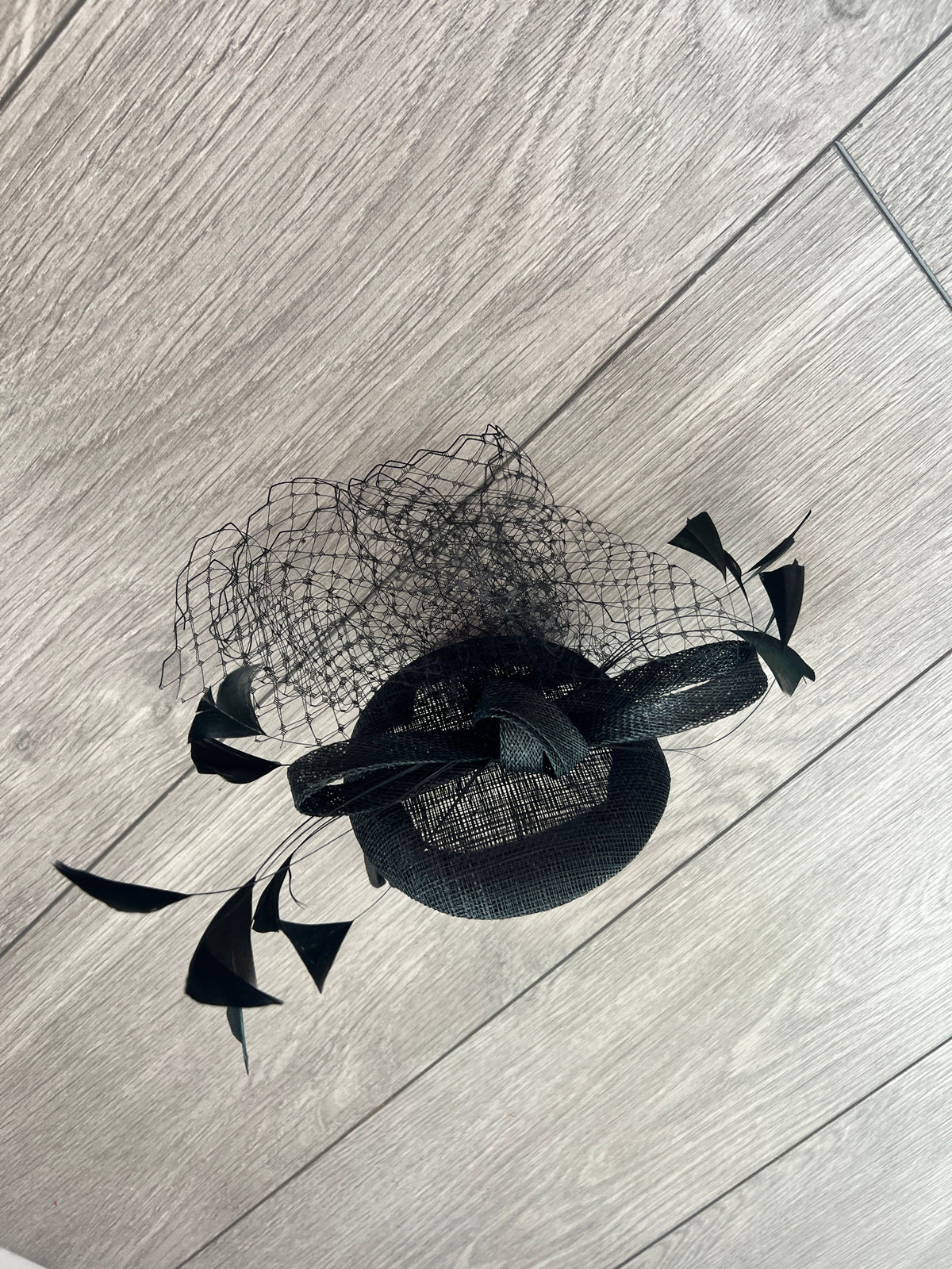 Sinamay Disc Black Fascinator Headband with Feathers &amp; Net-Fascinators Direct