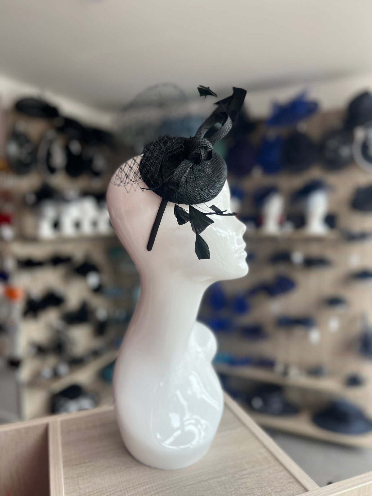 Sinamay Disc Black Fascinator Headband with Feathers &amp; Net-Fascinators Direct
