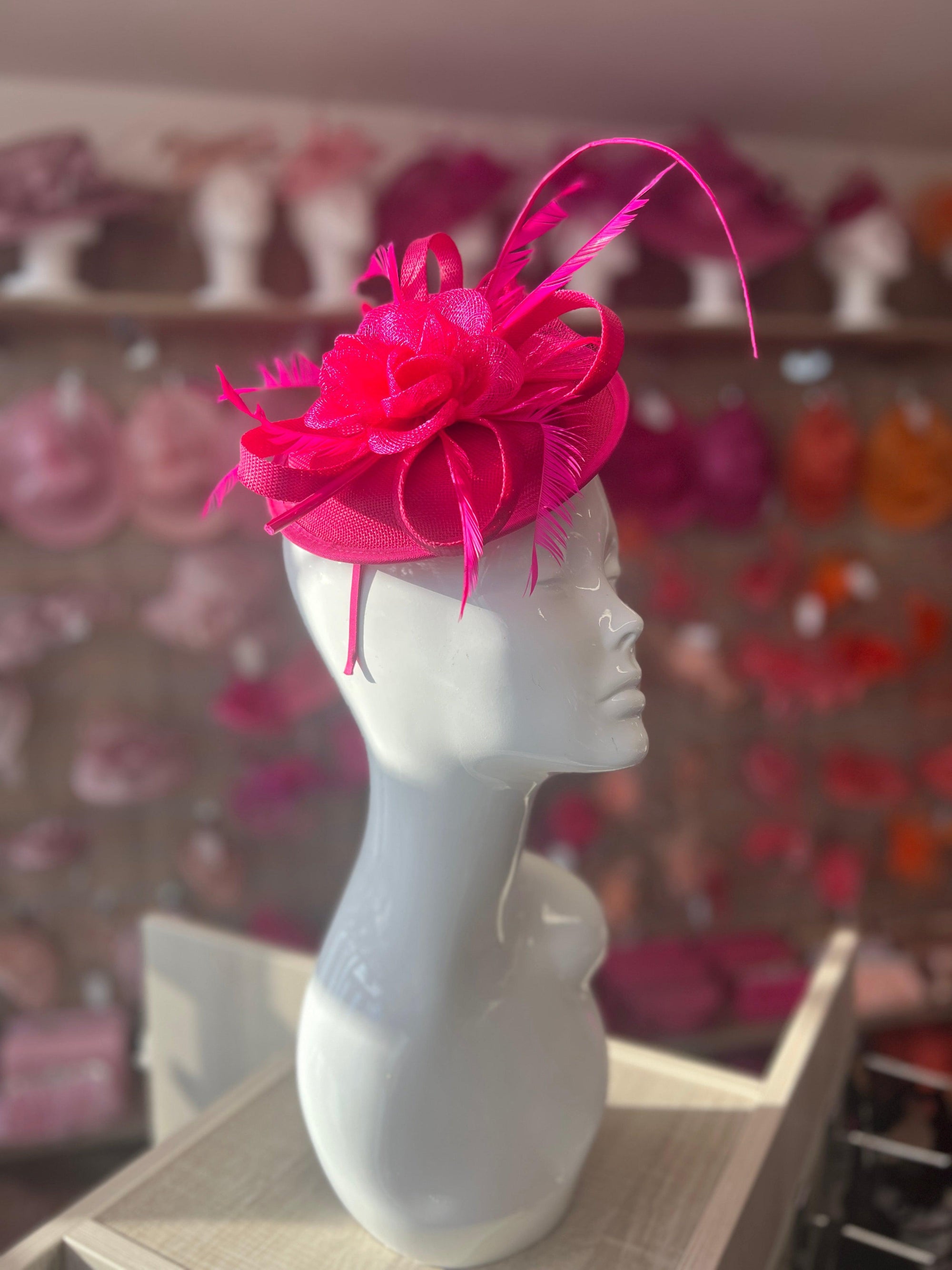 Sinamay Fuchsia Pink Round Base Fascinator with Twirl Flower and Feathers-Fascinators Direct