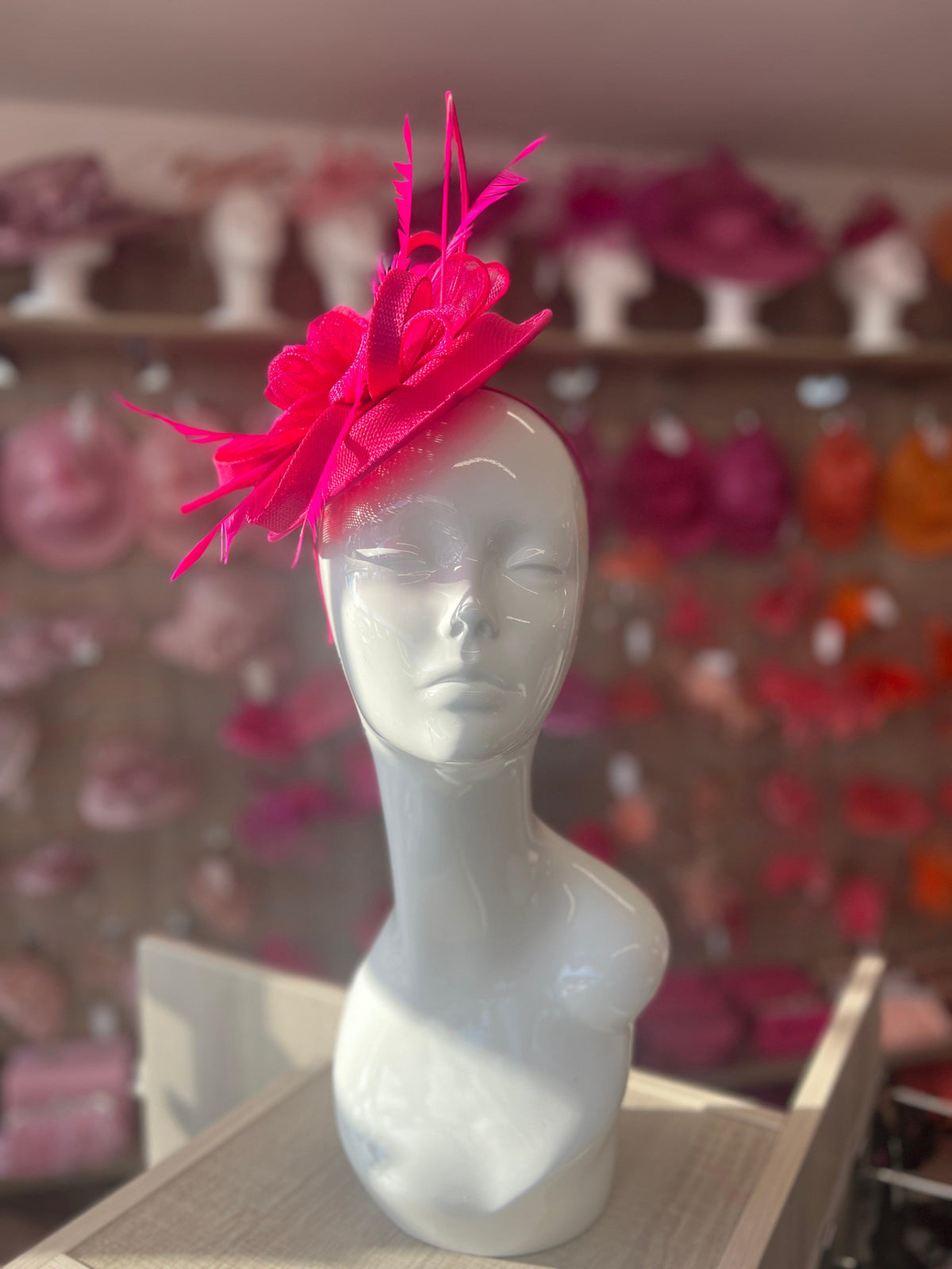 Sinamay Fuchsia Pink Round Base Fascinator with Twirl Flower and Feathers-Fascinators Direct
